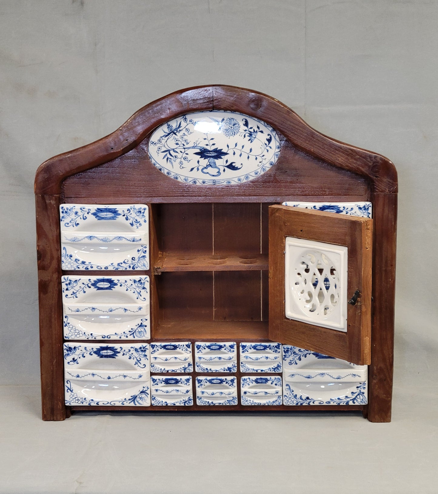 Vintage Dutch Spice Cabinet With 'Blue Onion' Ceramic Inserts