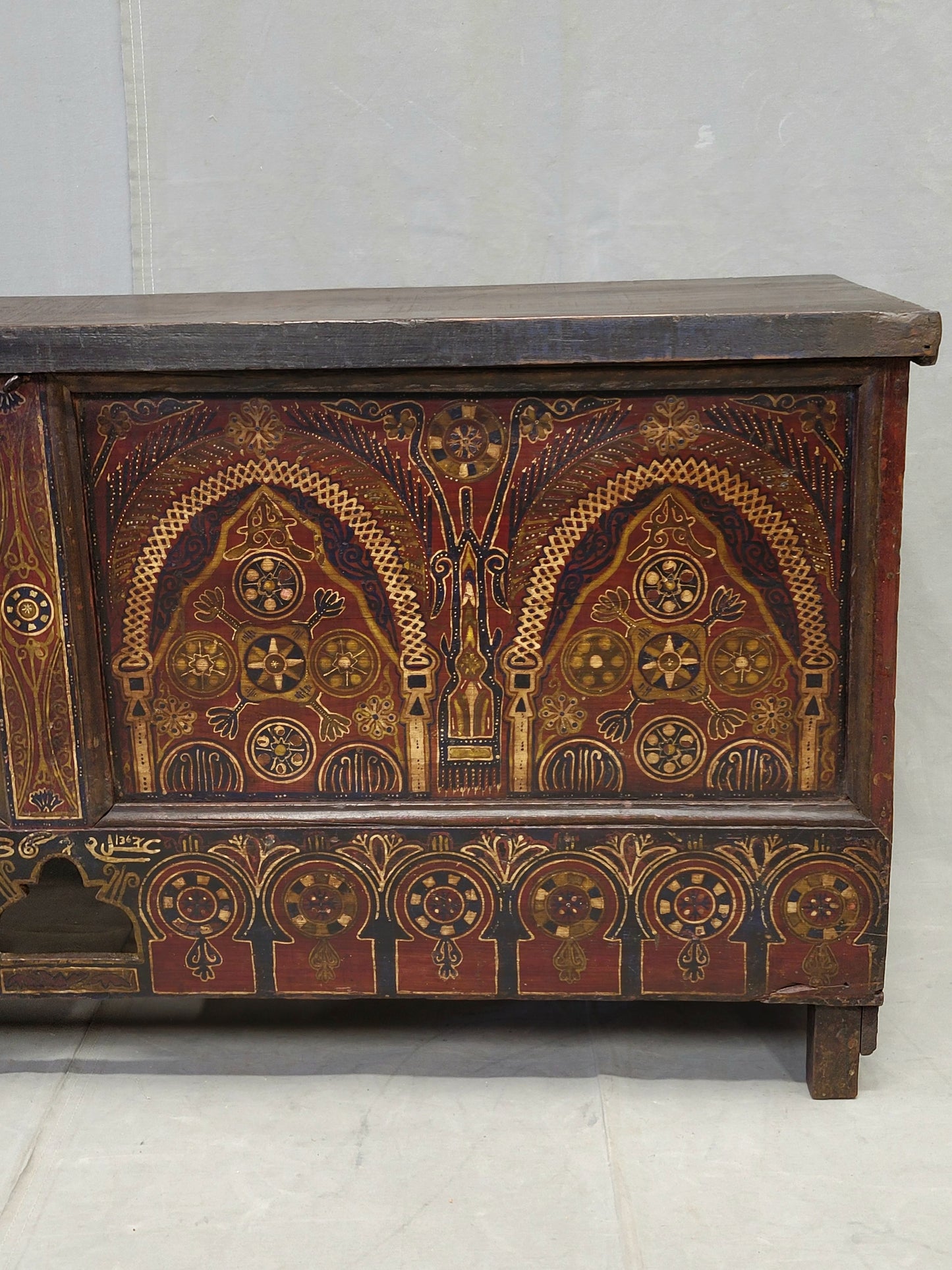 Vintage Berber Moroccan Trunk With Handpainted Arched Designwork, Signed