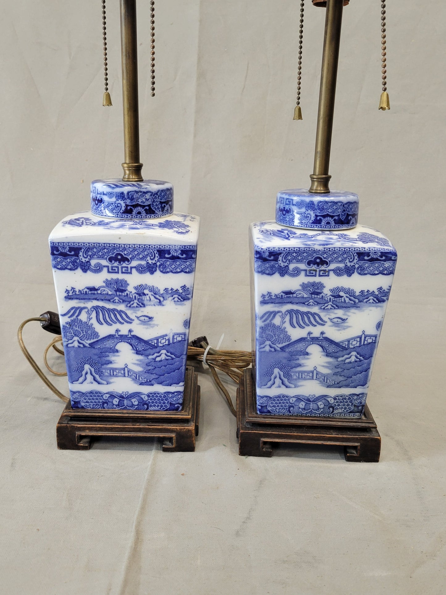 Vintage Blue Willow Lamps With Silk Lampshades - a Pair