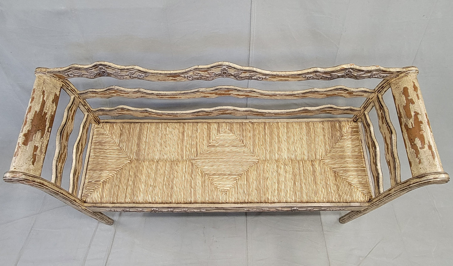 Vintage French Country Carved Wood Bench With Rush Seat and New Cushions