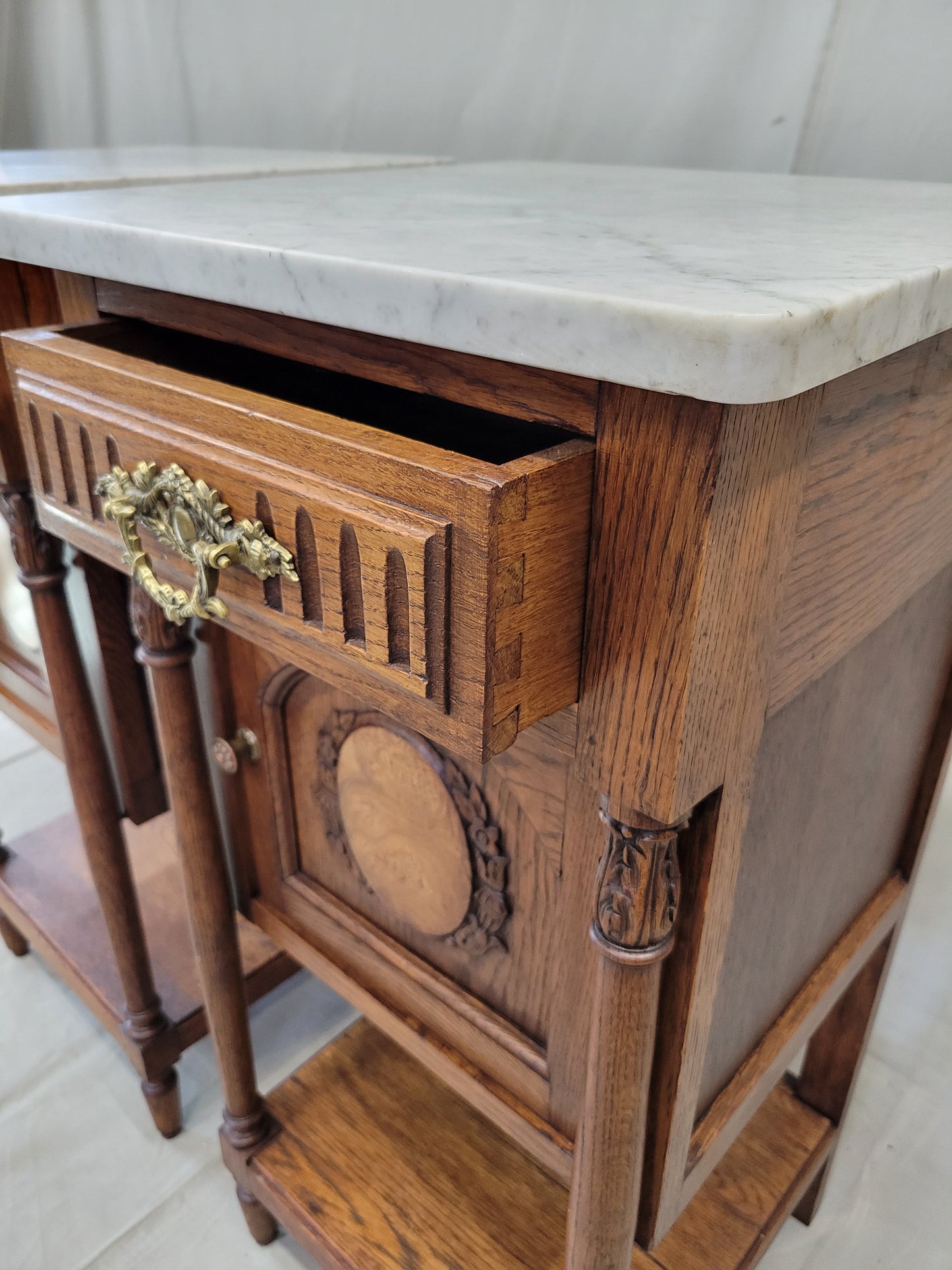 Antique Circa 1900 French Oak Pot Cupboards Nightstands With Carrera Marble Tops- a Pair