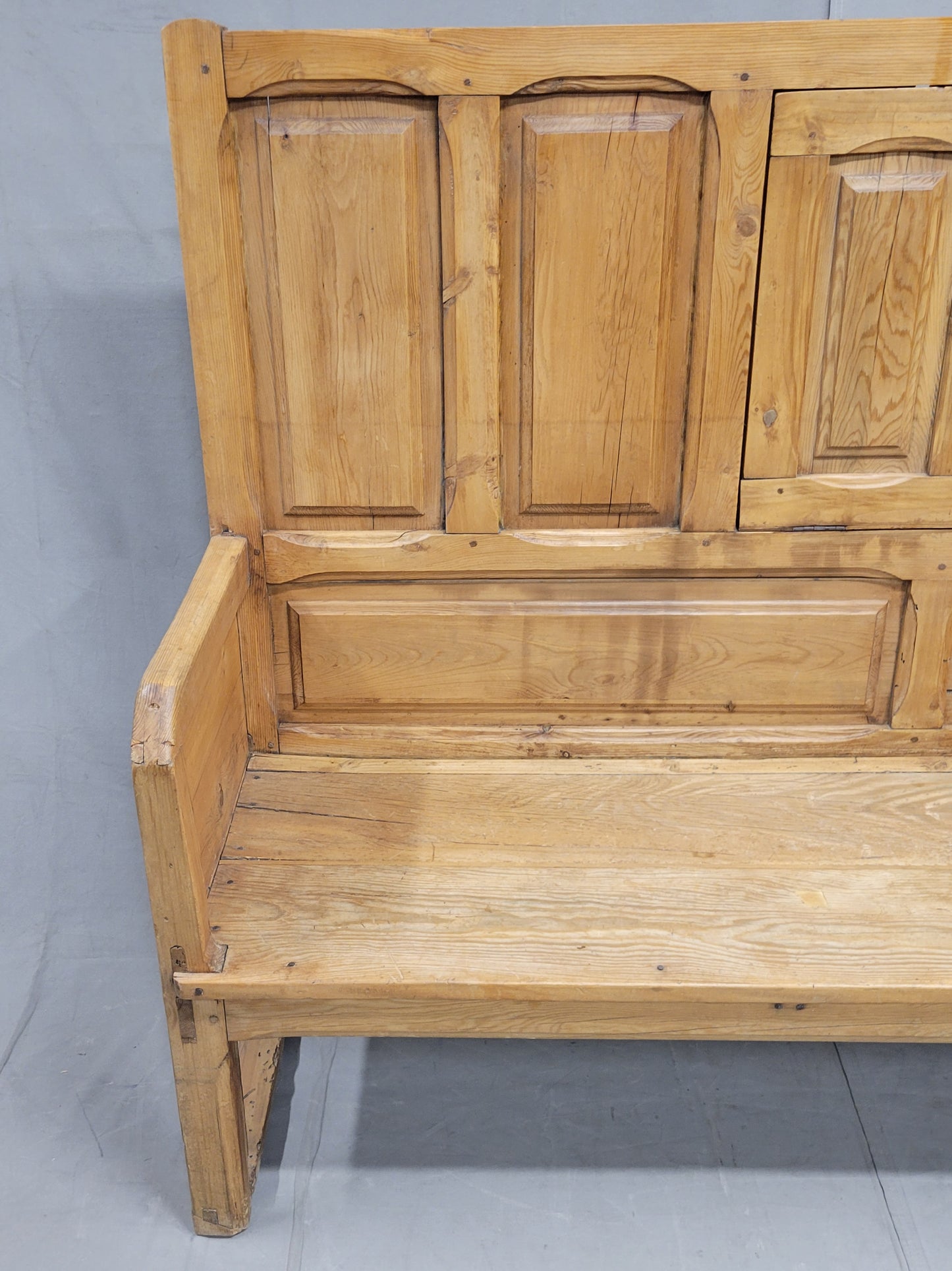Antique Rustic Pine Long Settle Bench With Blue and White Cushion