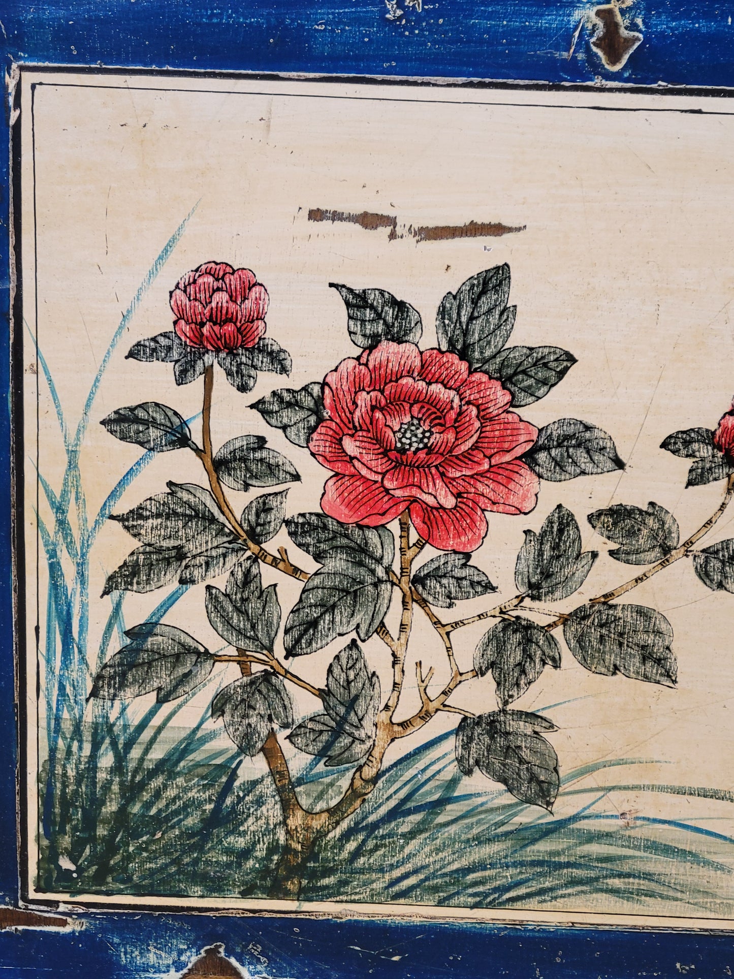 Vintage Chinese Distressed Lacquer Storage Cabinet Console With Floral Motif