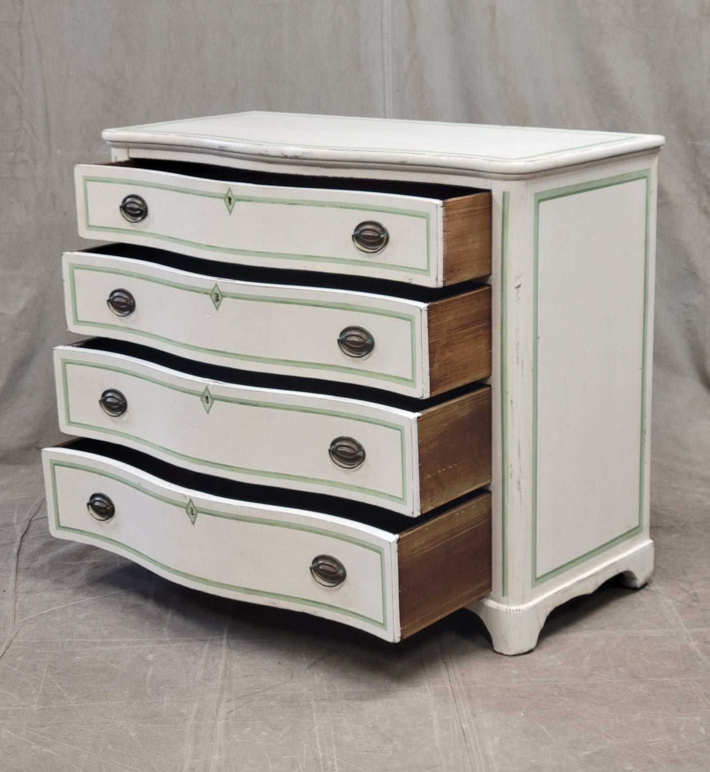 Antique Serpentine Front Dresser Painted White With Green French Line Motif