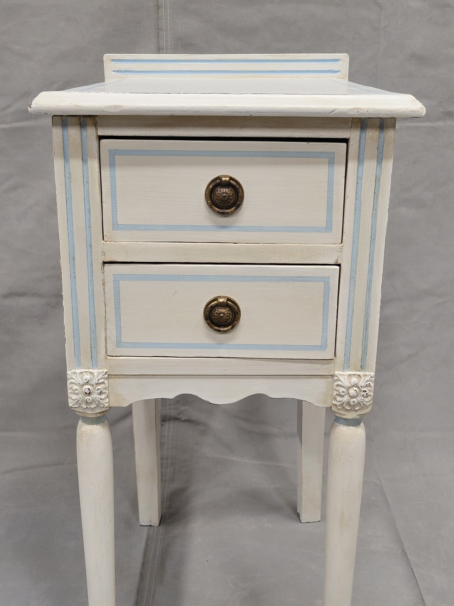 Vintage White Nightstands With Blue Striping - a Pair