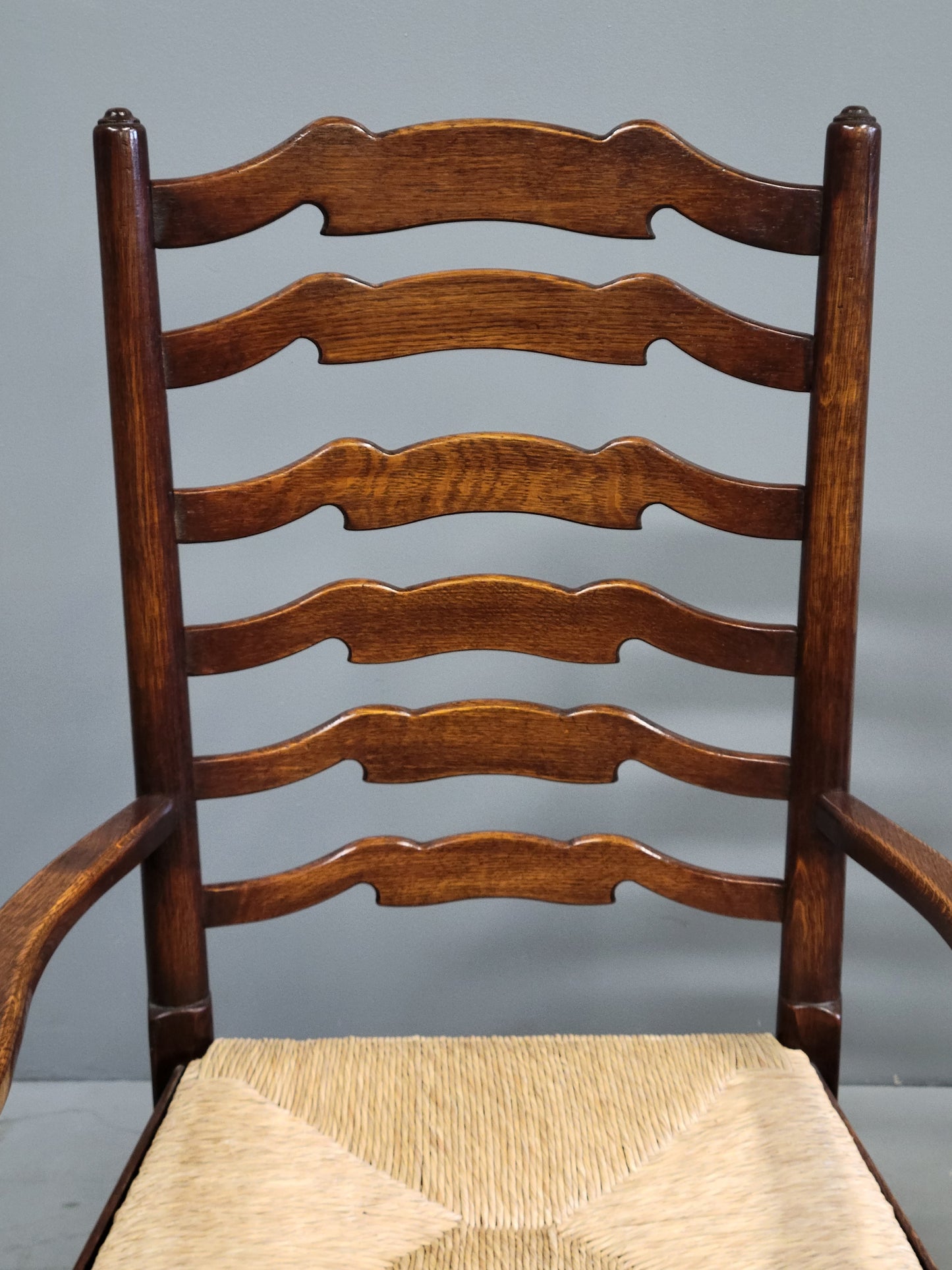 Vintage English Oak Ladderback Chairs With Rush Seats - Set of 8
