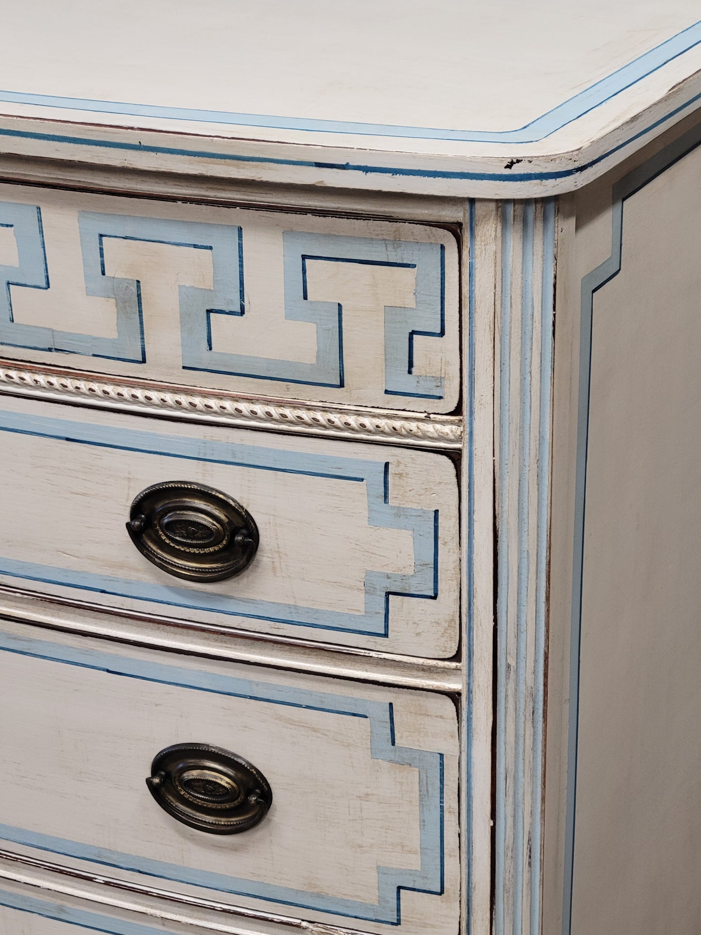 Vintage Painted Blue and White Trompe l'Oeil Bow Front Dresser With Greek Key Motif