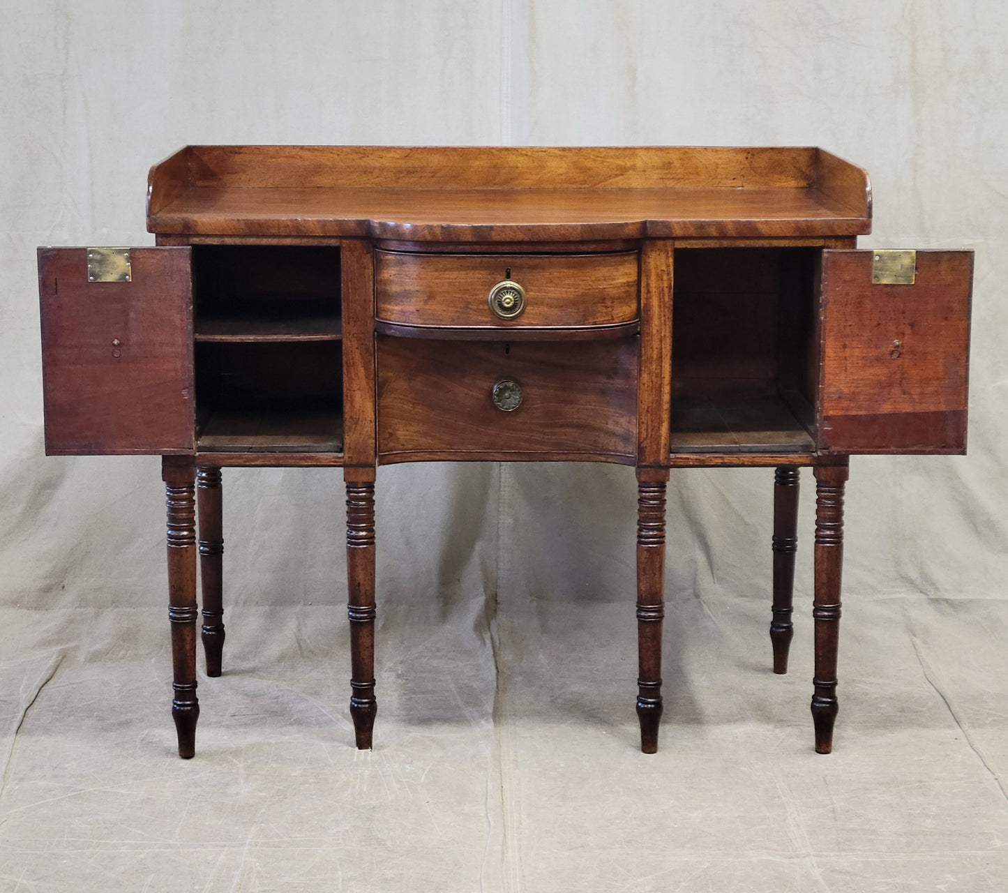 Antique English Mahogany Hepplewhite Style Bowfront Buffet With Brass Pulls