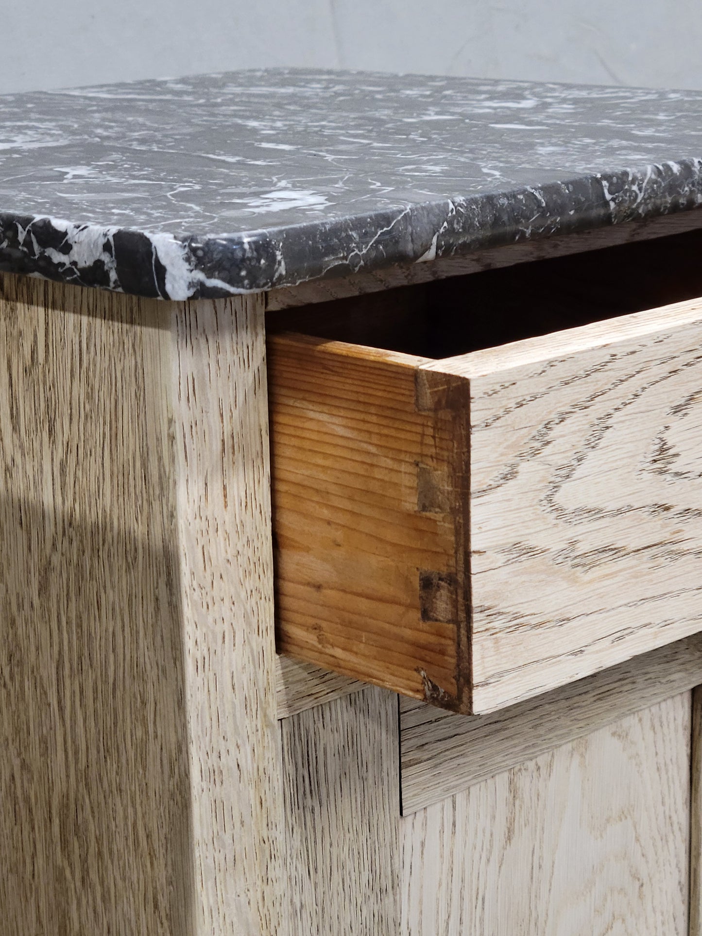 Antique English Bleached Oak Nightstands With Black Marble Tops - a Near Pair