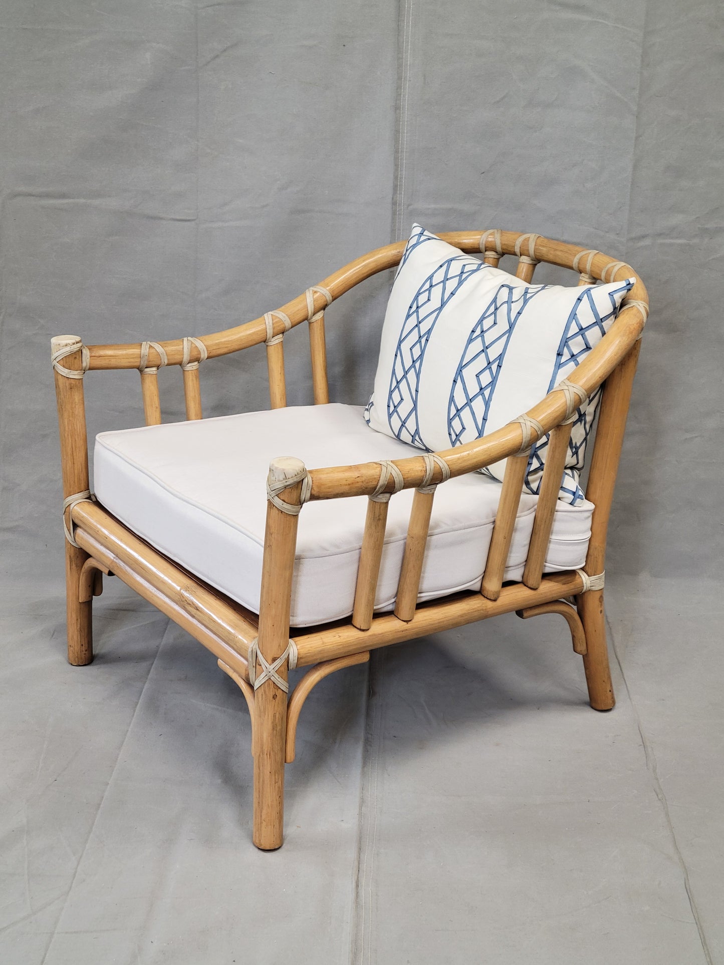 Vintage 1978 McGuire Bamboo Lounge Chairs With Rawhide Binding (Two Sets of Cushions) - a Pair