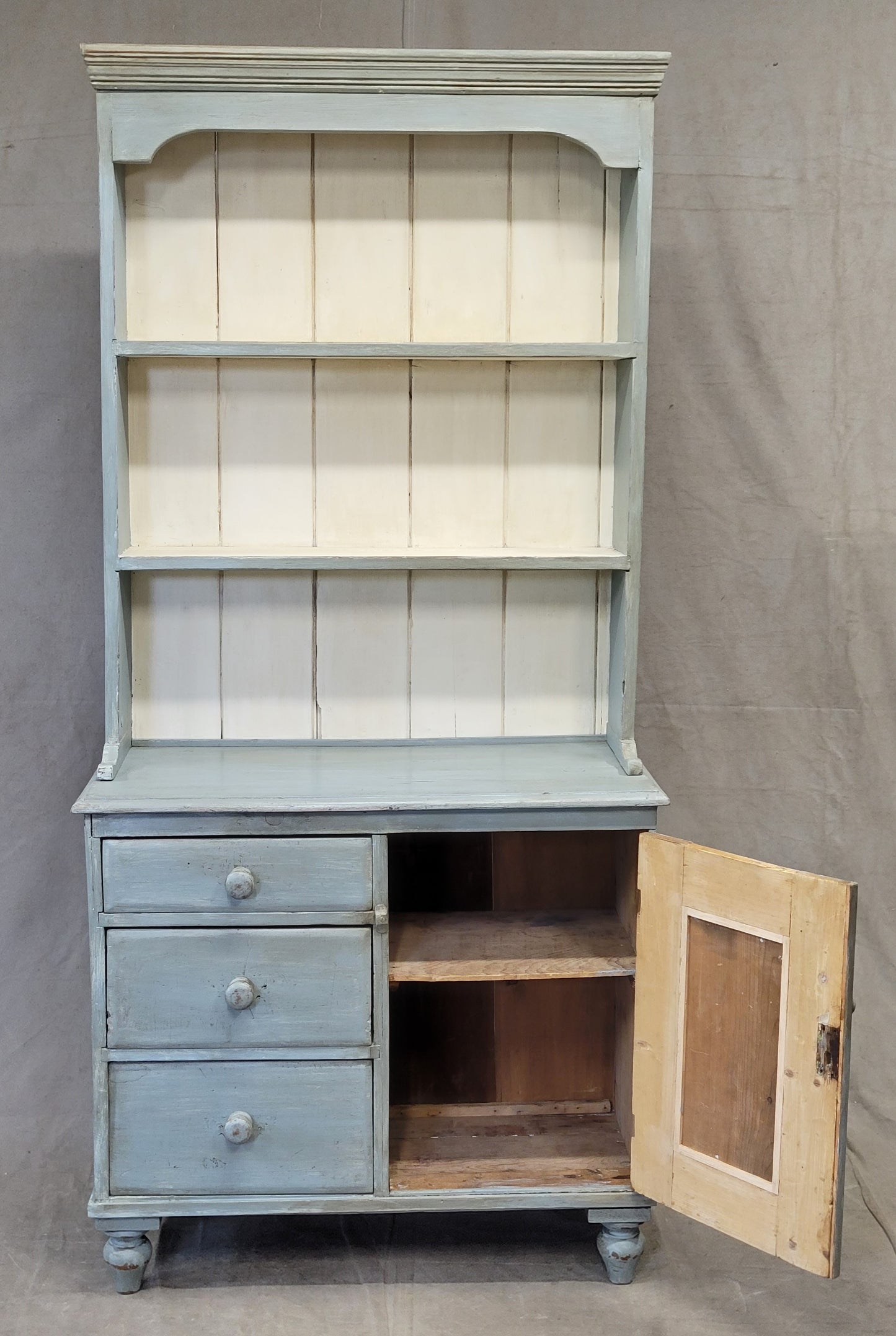 Antique Swedish Blue Faux Marble Painted Pine China Hutch