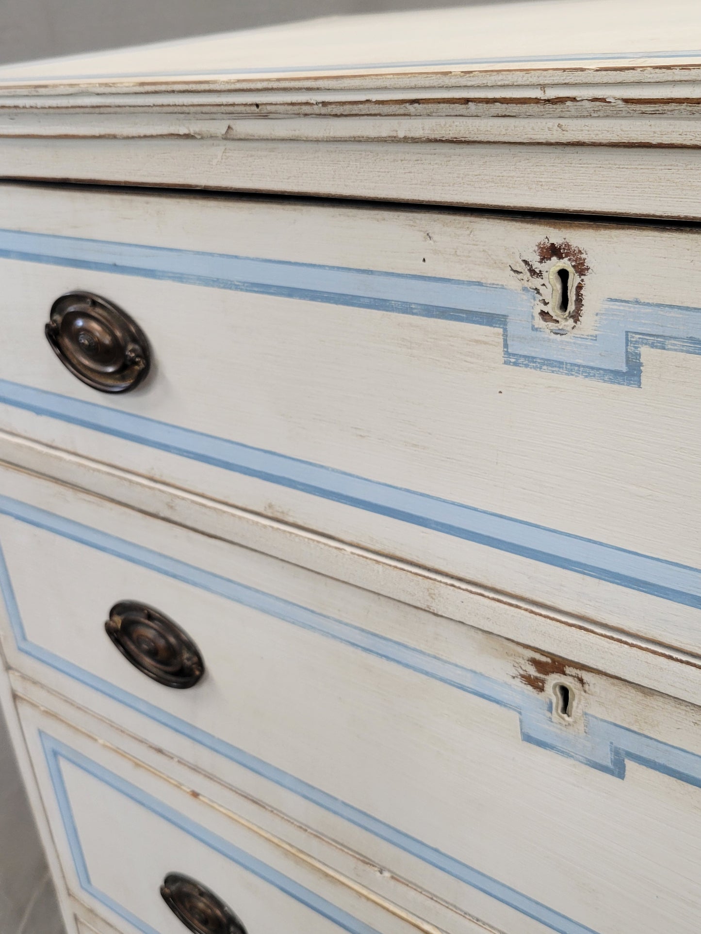 Antique English Walnut Dresser Painted White With Blue French Line Motif