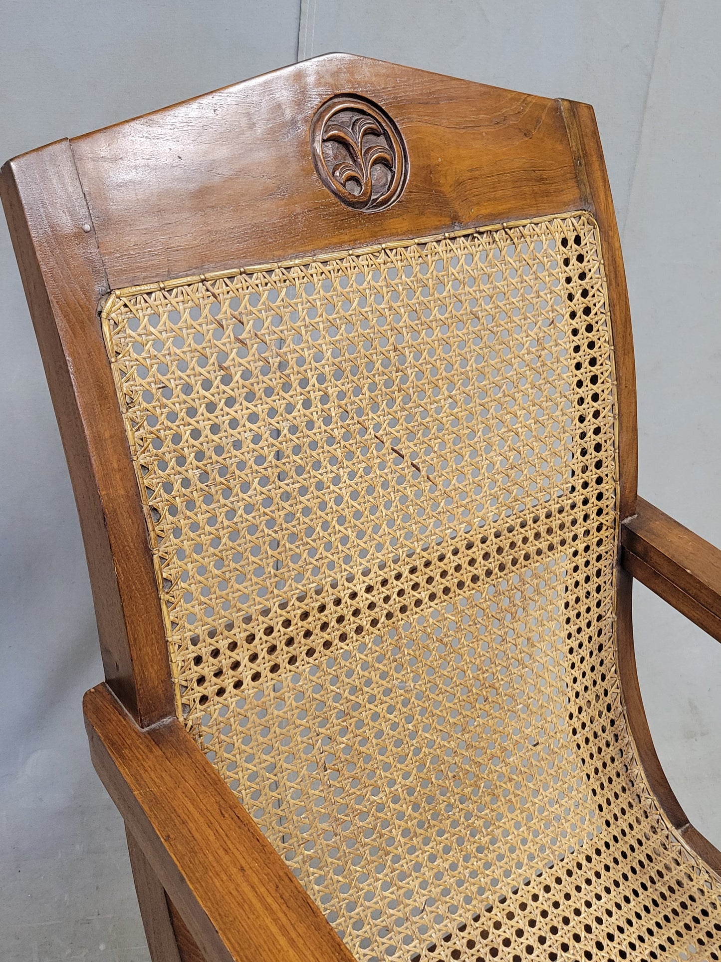 Vintage Bauer International Teak Caned Plantation Chair With Extension Armrests