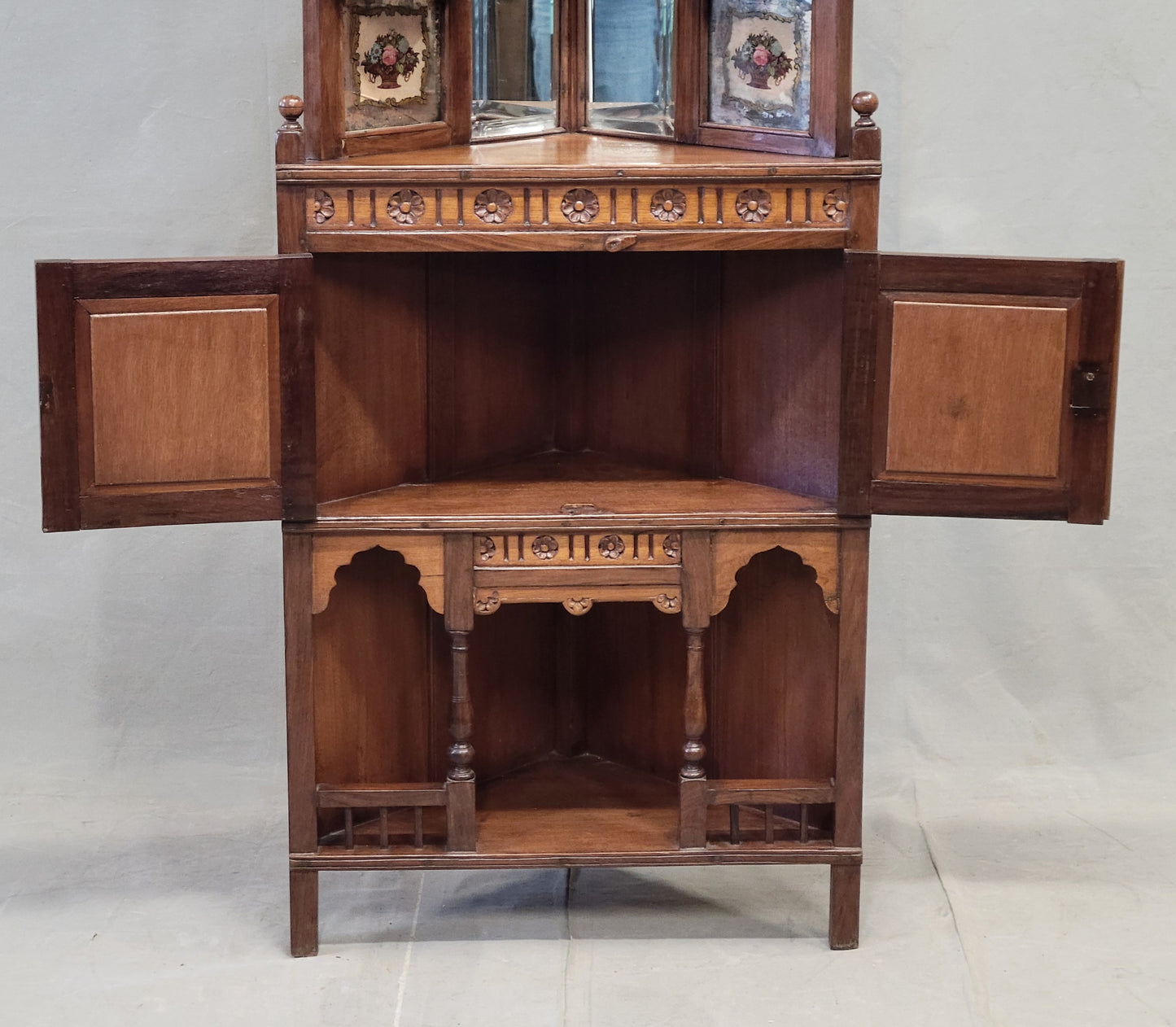 Antique British Colonial Corner Shelf Cabinet With Tiles