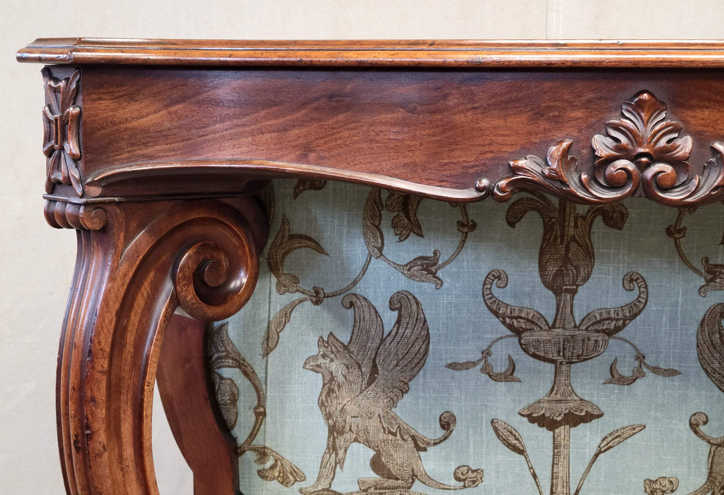 Antique Louis Phillipe Console Table or Server With Thibaut Renaissance Fabric Panel
