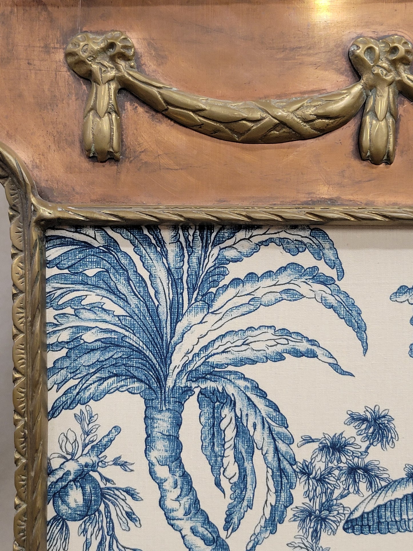 Antique 1920s Copper and Brass Firescreen With Schumacher Blue and White Asian Toile Inset
