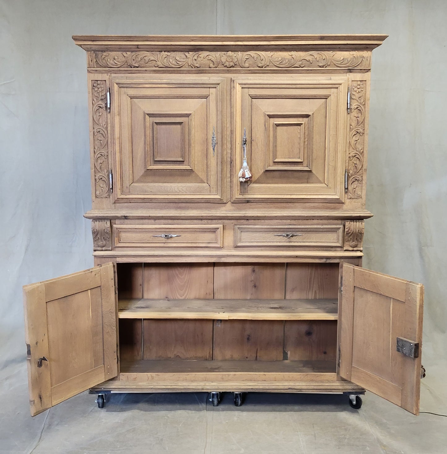 Antique French Bleached Oak and Pine Deux Corps Carved Cupboard With Blue French Ticking Interior