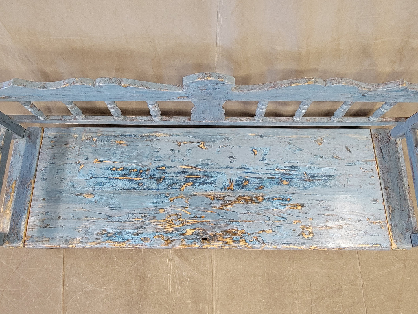 Antique Pine Hungarian Storage Bench With Old Blue Paint