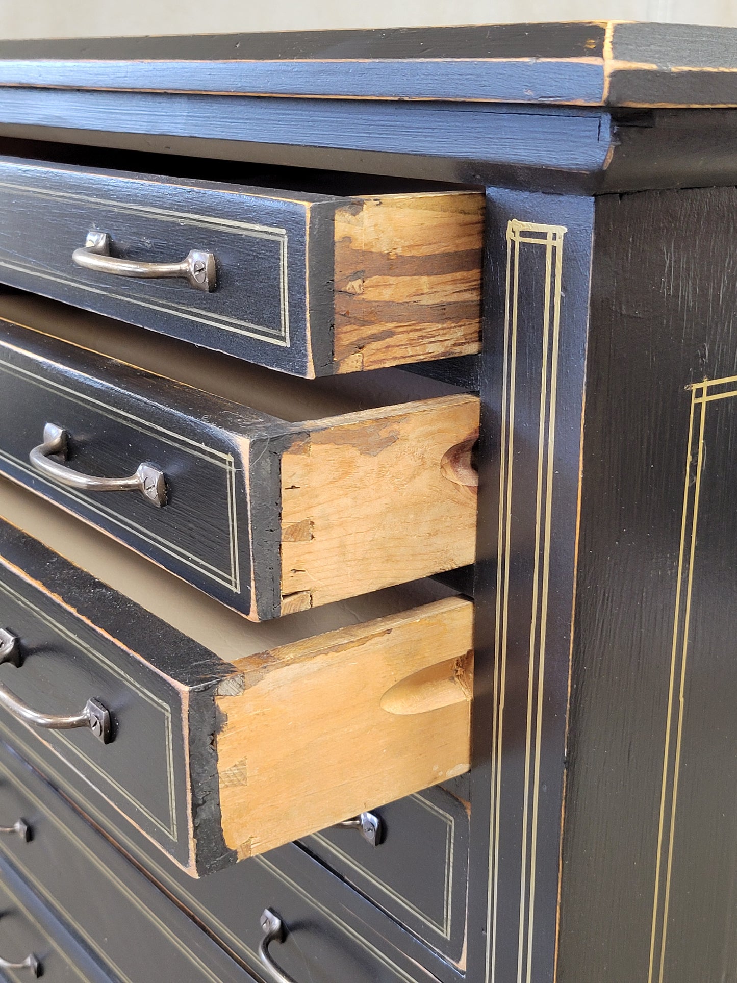 Antique Black Painted Pine 11 Drawer Lingerie Chest With Gold French Lines