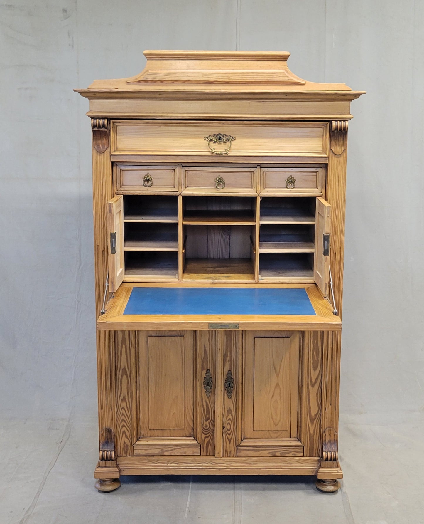 Antique Danish Biedermeier Pine Secretary Desk With Blue Leather