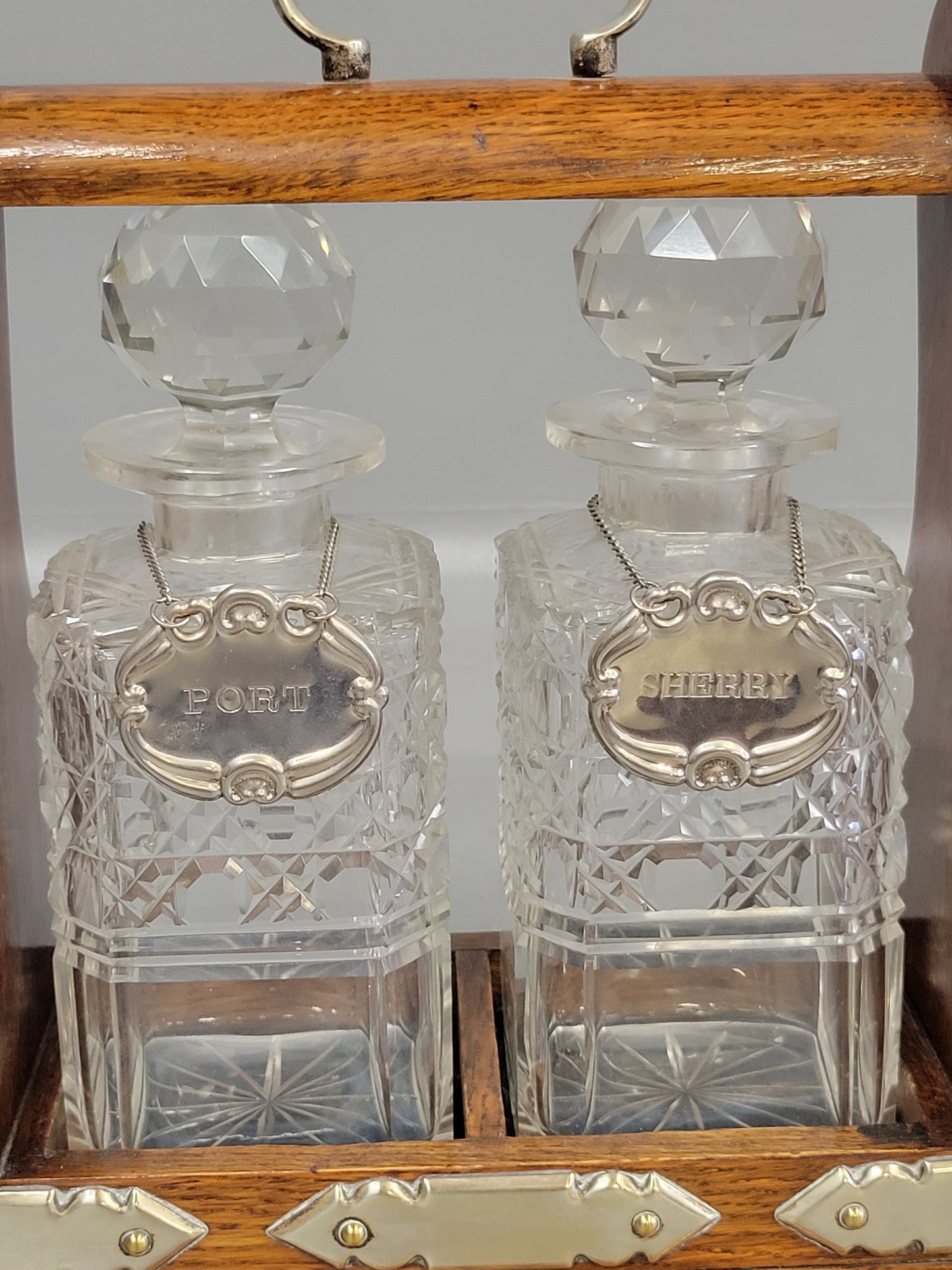 Antique Circa 1900 English Two Bottle Cut Crystal and Oak Tantalus