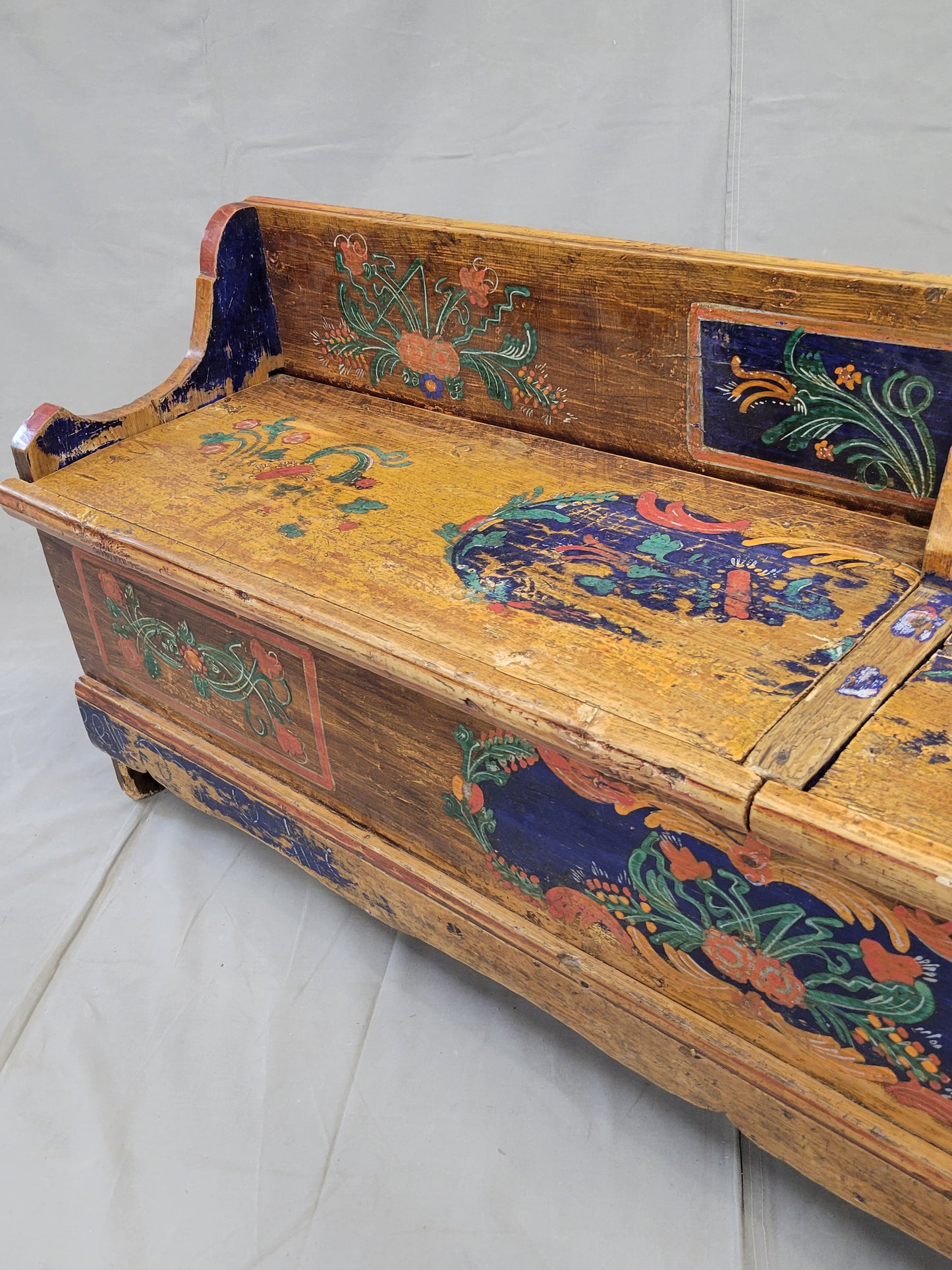 Antique Eastern European Hand Painted Pine Long Storage Bench