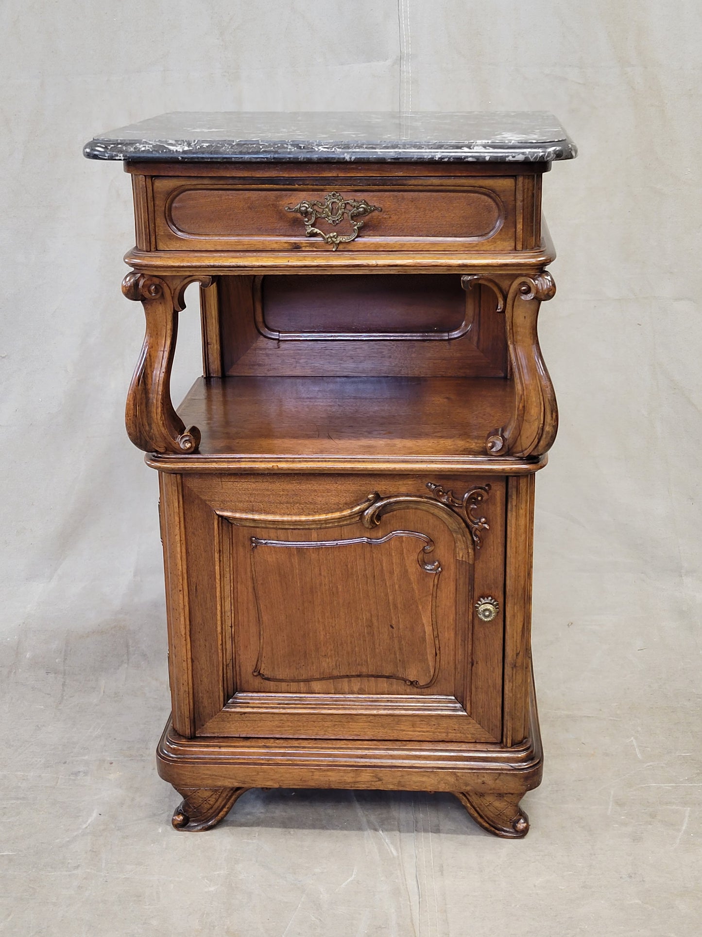 Antique Austrian Walnut and Black Marble Top Nightstands - a Pair