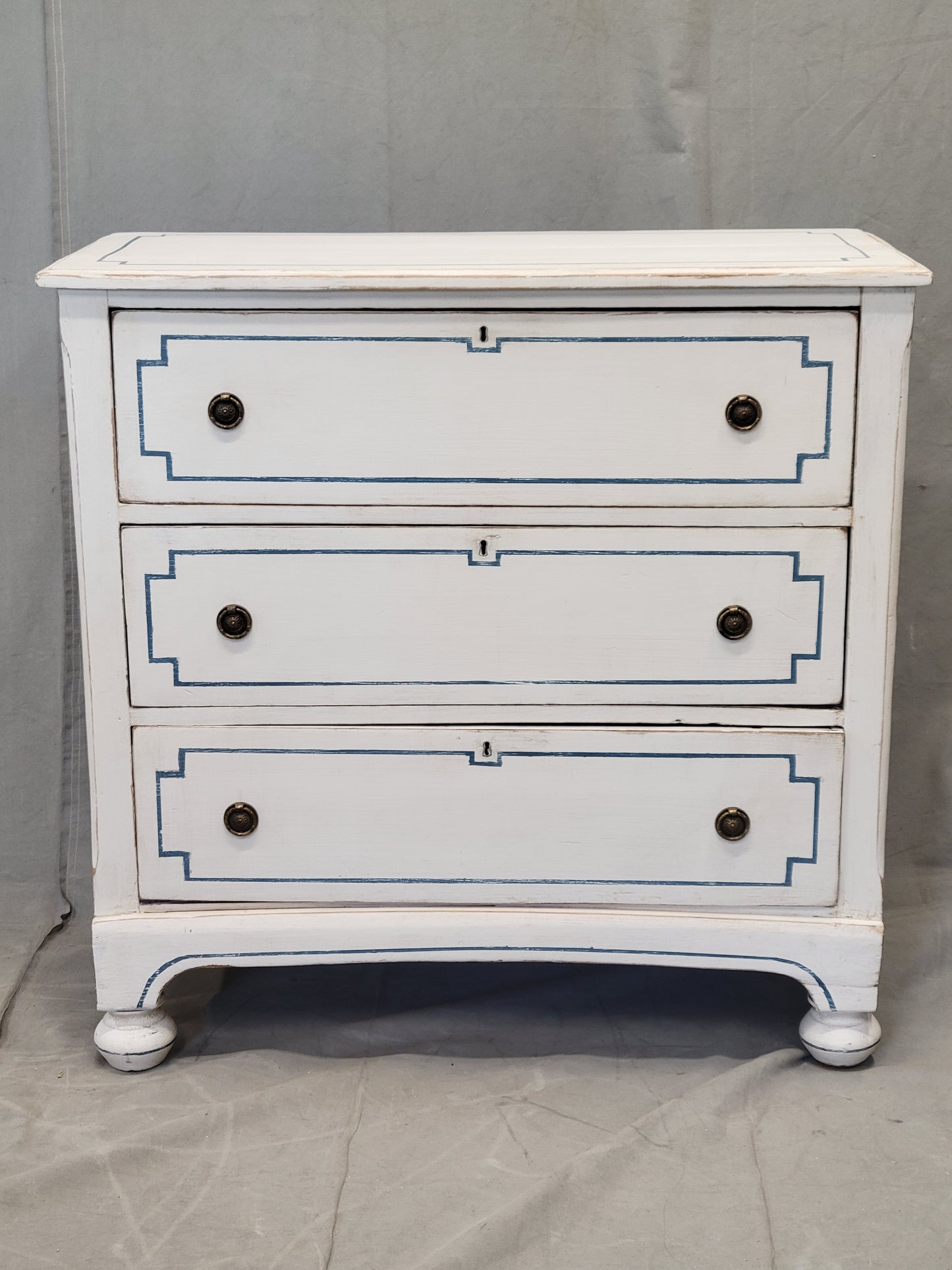 Pair of Antique 19th Century Pine Painted White Dressers With Blue French Line Motif