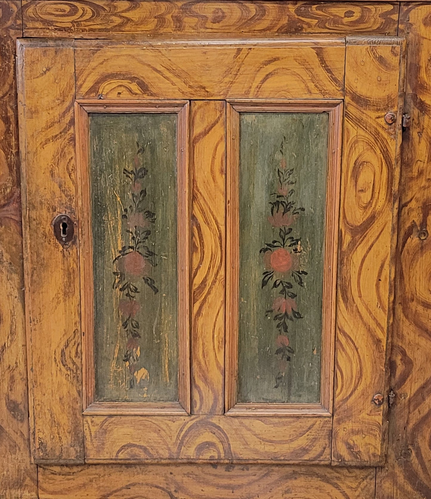 Antique 19th Century Austrian Pine Cupboard With Original Faux Bois Paint and Floral Accents