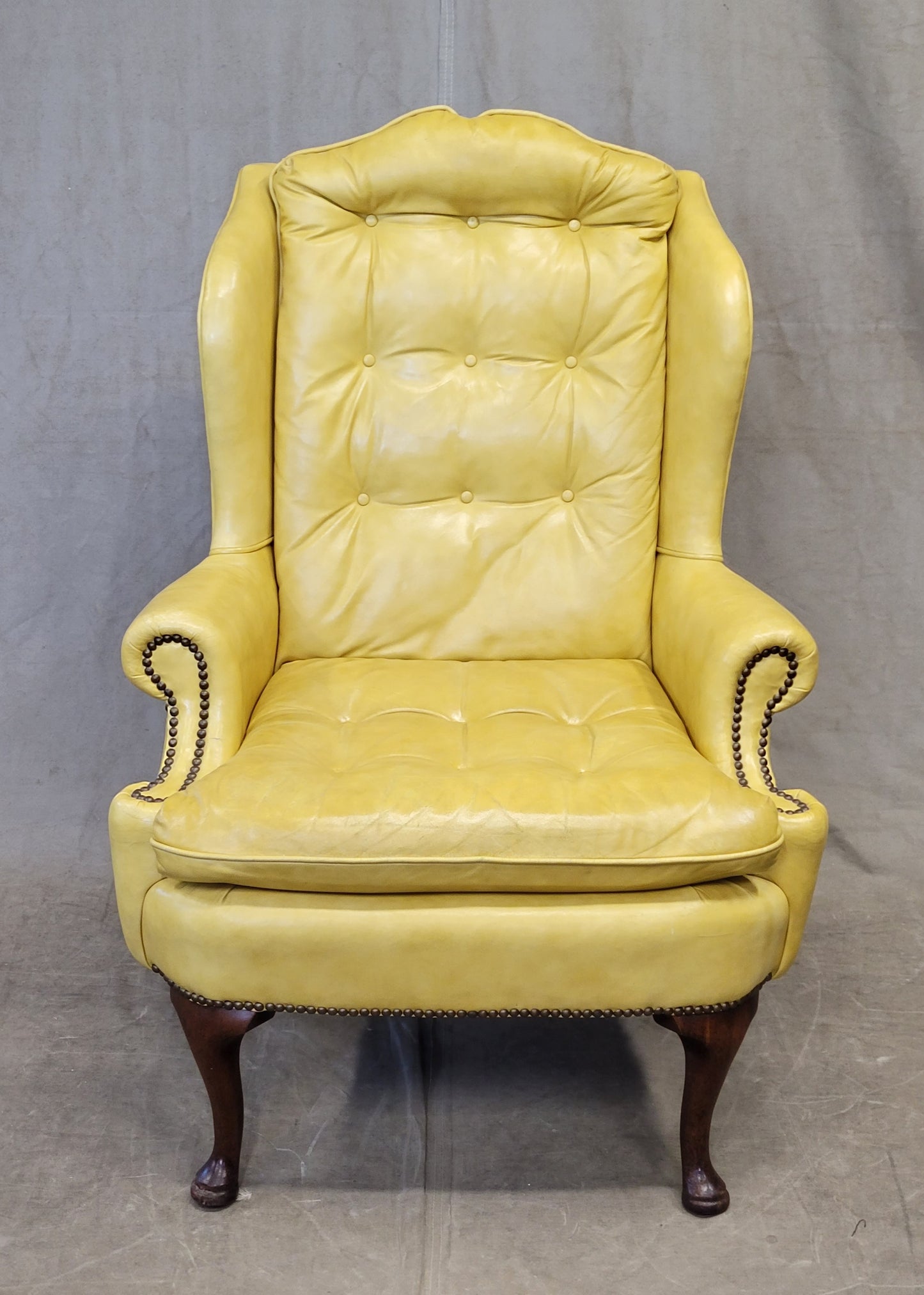 Vintage Classic Brand Top Grain Yellow Leather Chesterfield Chairs - a Pair