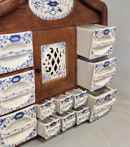 Vintage Dutch Spice Cabinet With 'Blue Onion' Ceramic Inserts