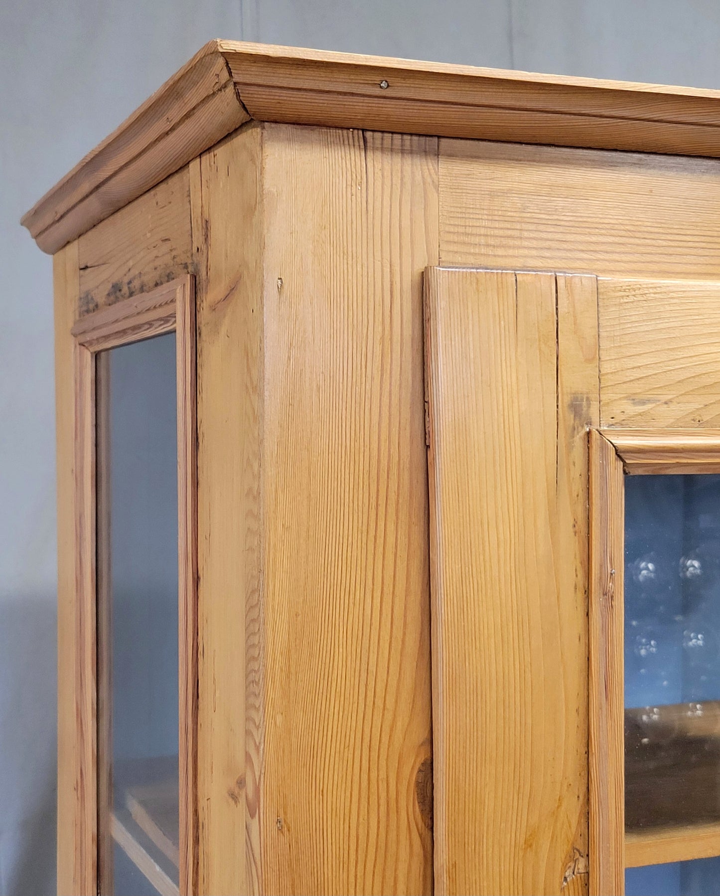 Antique German Pine Display Cabinet With Painted Blue Interior