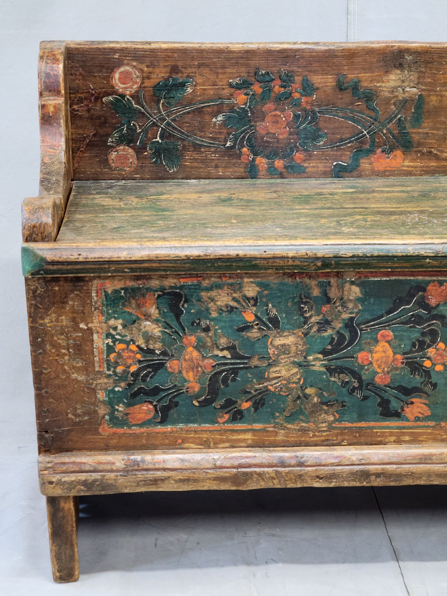 Antique Late 1800s Romanian Painted Pine Storage Bench