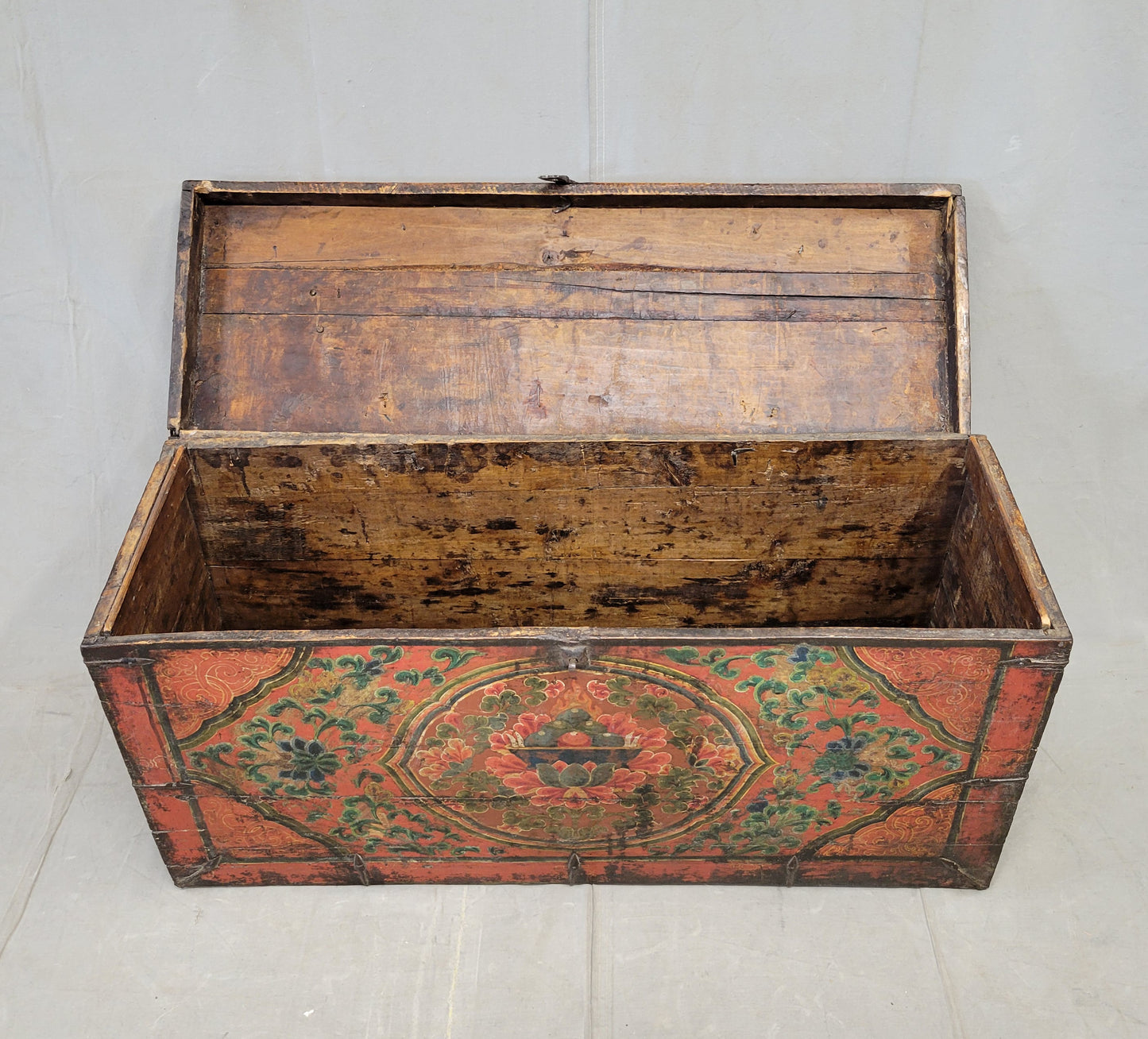 Antique Early 1900s Tibetan Trunk With Original Paint in Flaming Jewel Motif