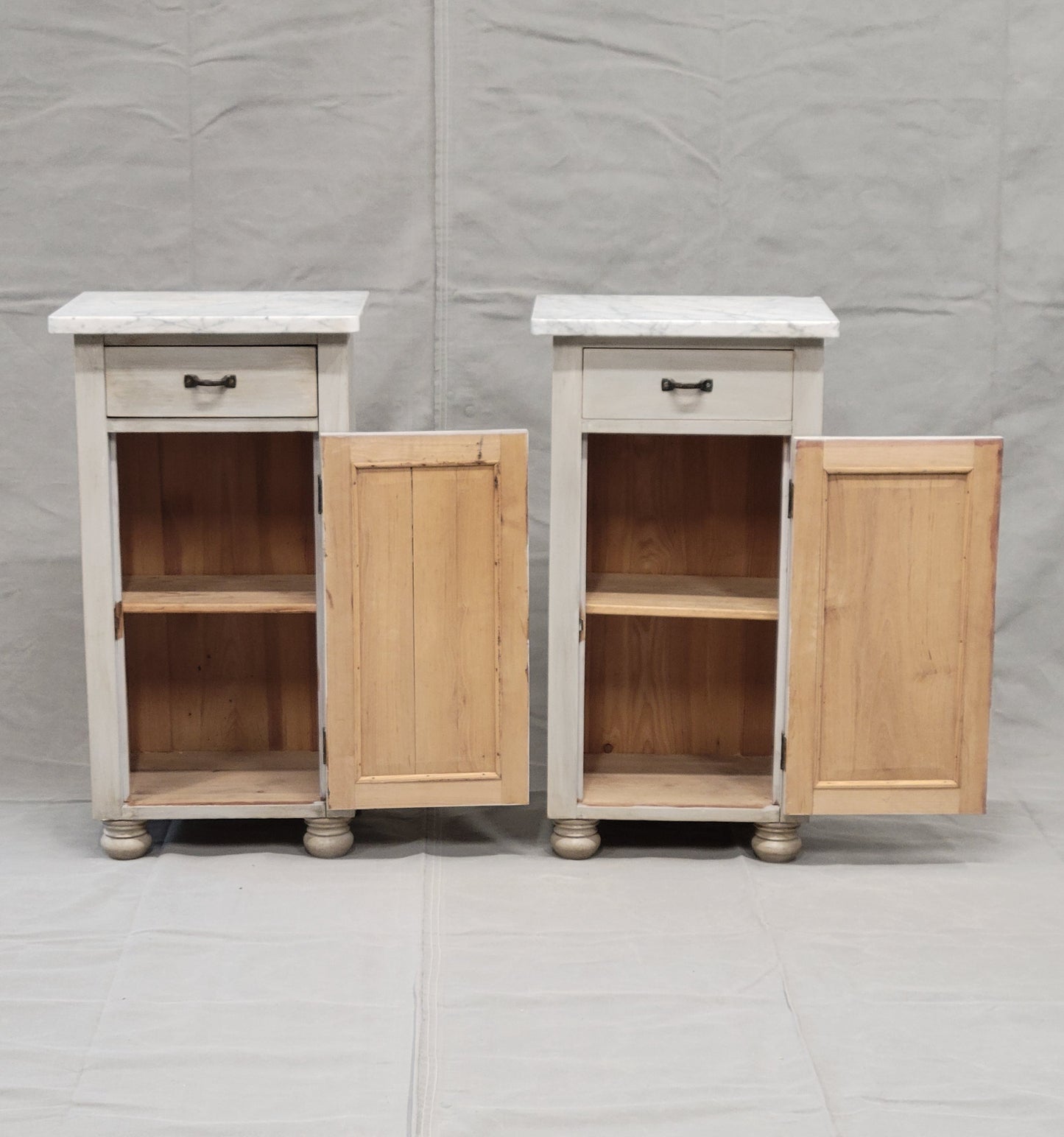 Pair of Vintage Painted Pine Nightstands With Carrera Marble Tops