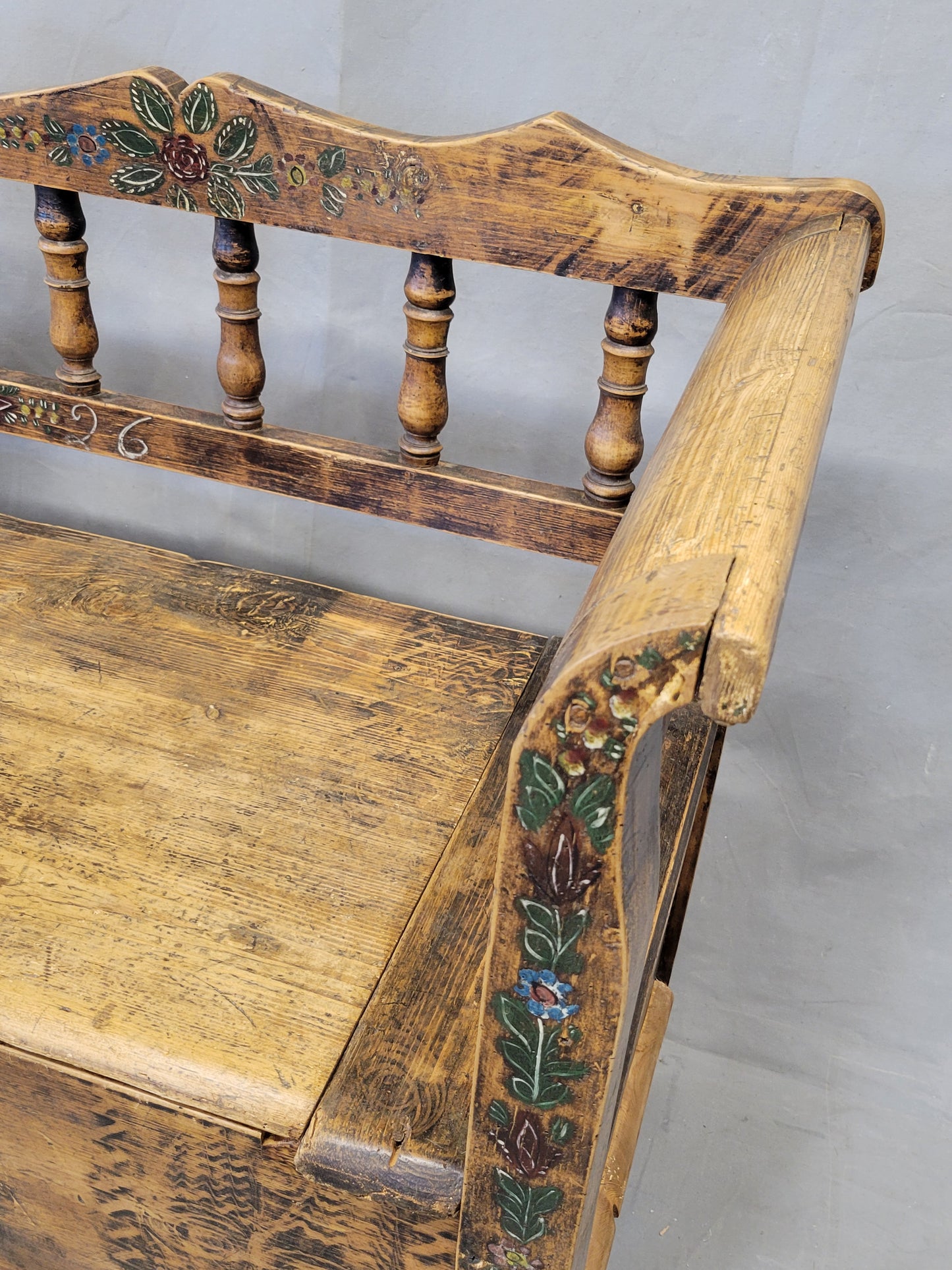Antique 1926 Pine Eastern European Storage Bench with Original Paint