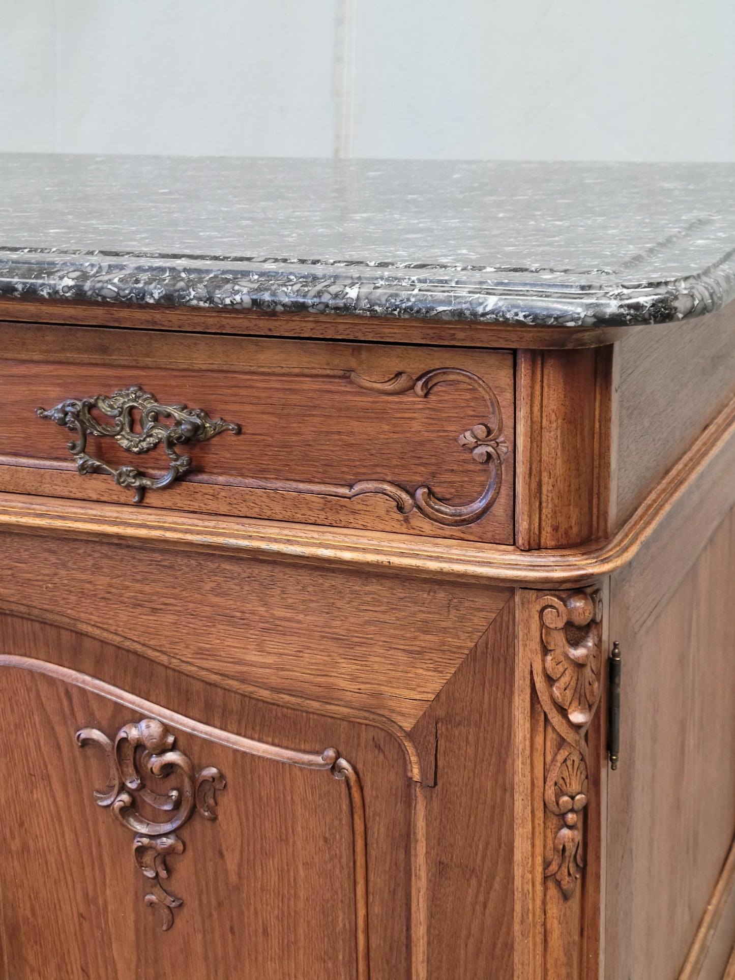Antique Early 1900s Austrian Walnut Marble Top Sideboard Buffet