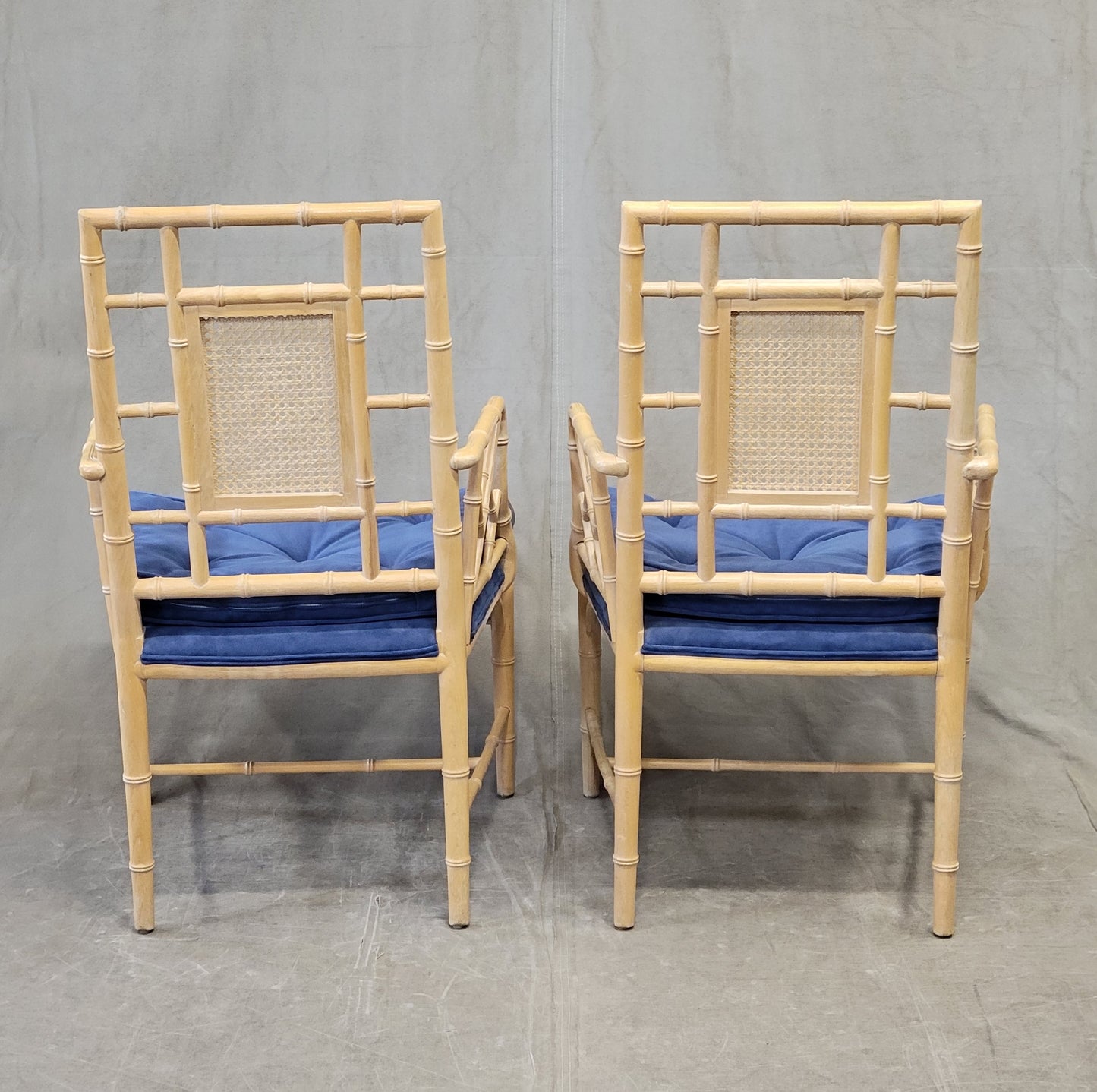 Vintage Faux Bamboo Chairs With Blue Cushions - a Pair