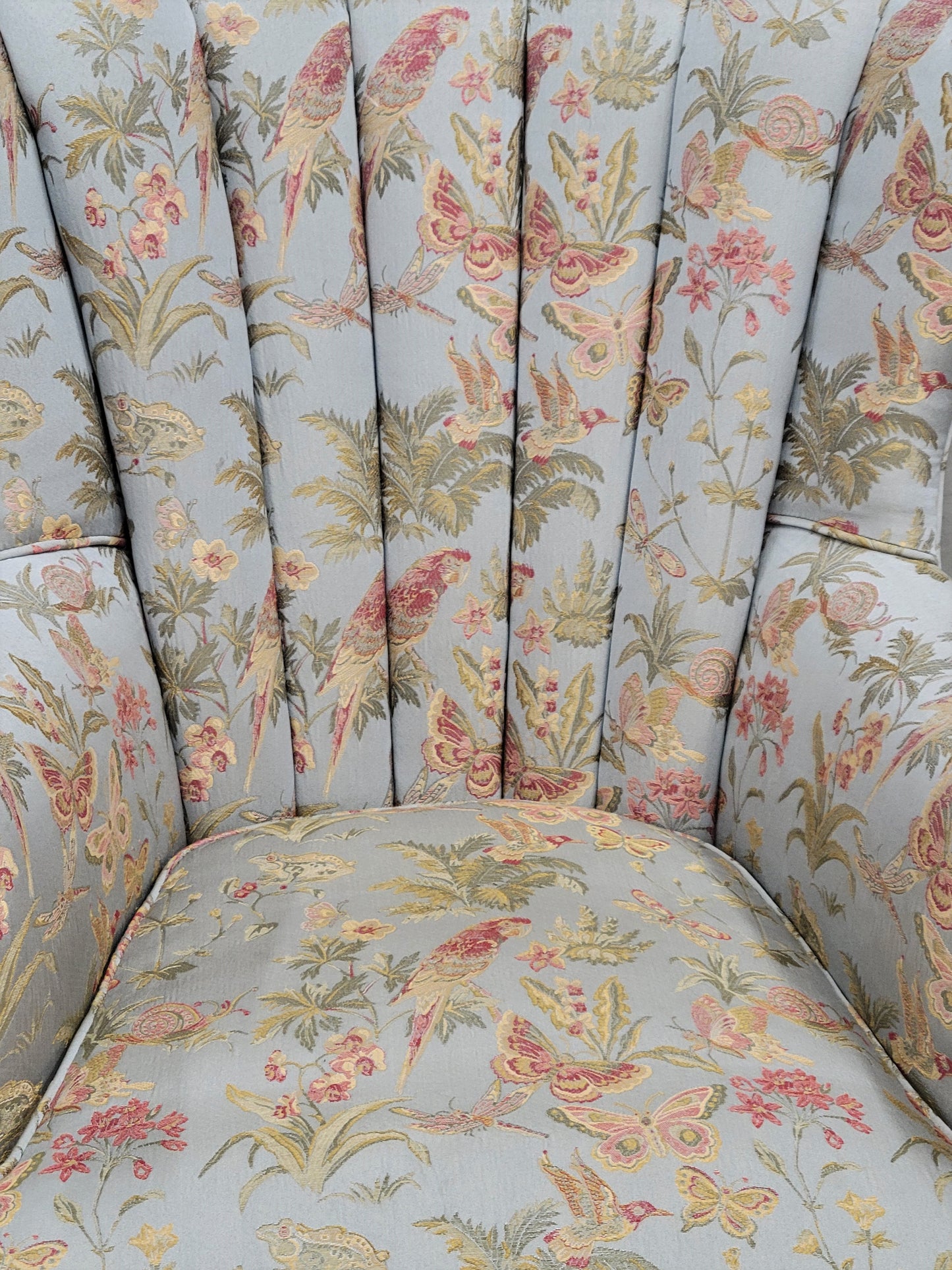 Vintage 1930s Art Deco Fan Back Bergere Chair With Kravet Parrot and Butterfly Damask Fabric