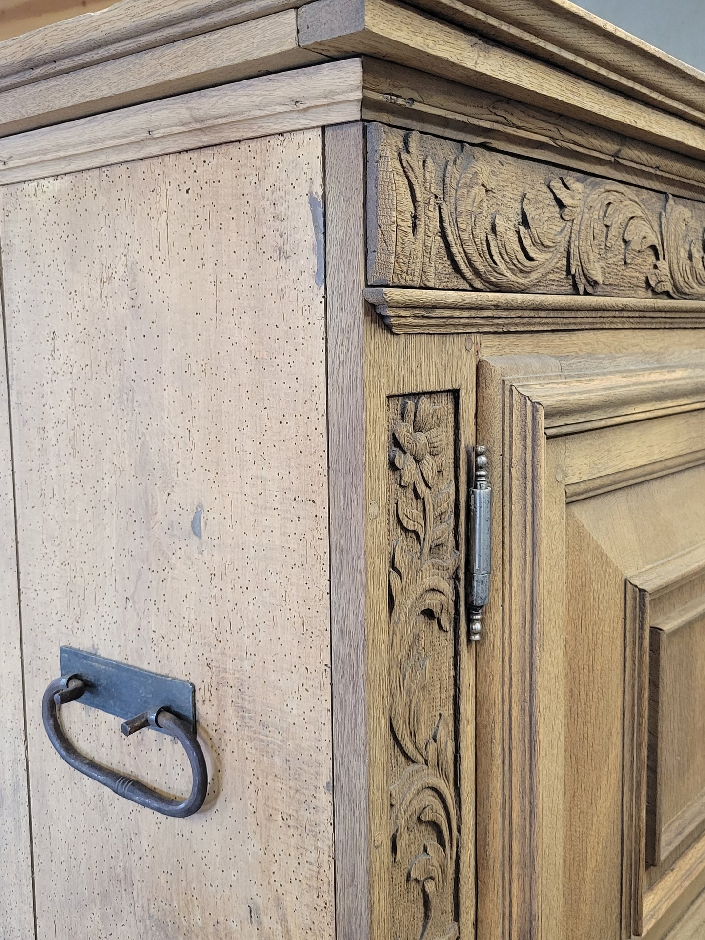 Antique French Bleached Oak and Pine Deux Corps Carved Cupboard With Blue French Ticking Interior