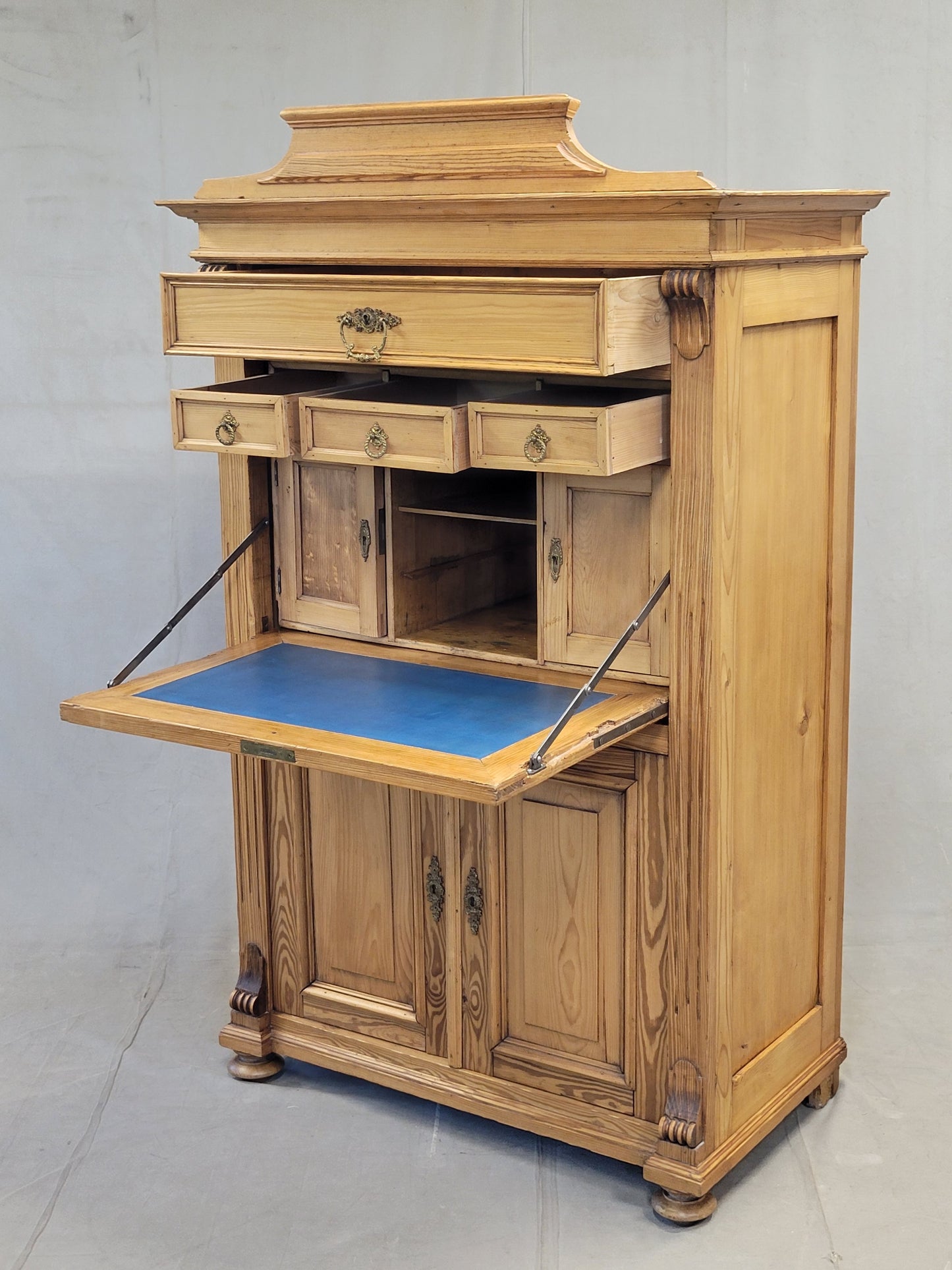 Antique Danish Biedermeier Pine Secretary Desk With Blue Leather