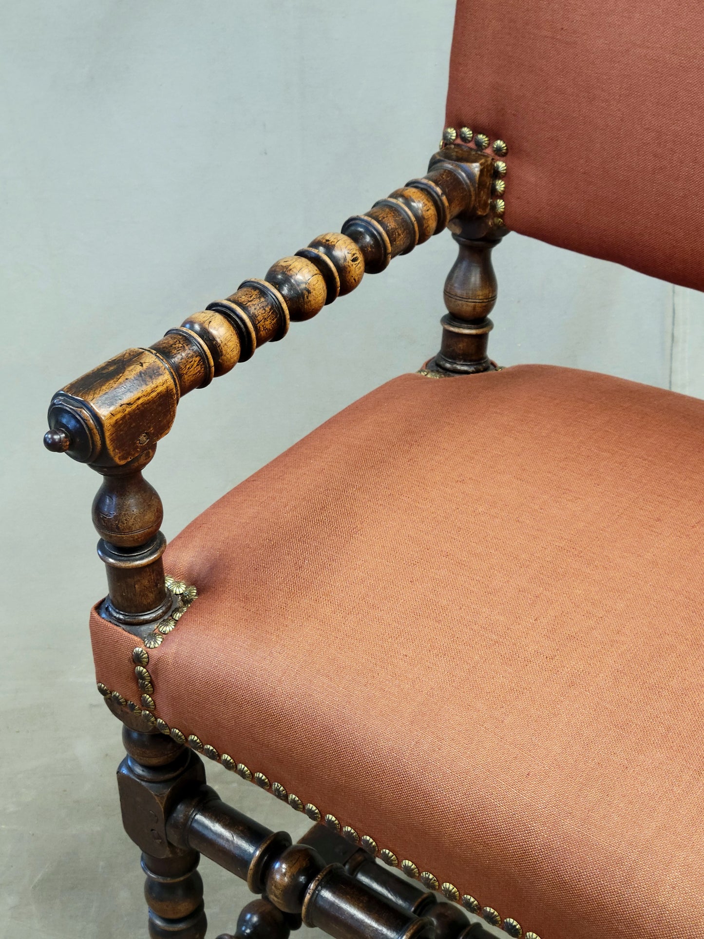 Antique European Renaissance Revival Chairs with Terracotta Linen Upholstery - a pair