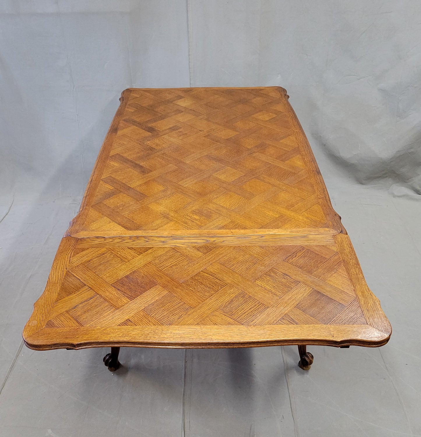 Vintage French Oak Parquet Top Draw Leaf Table