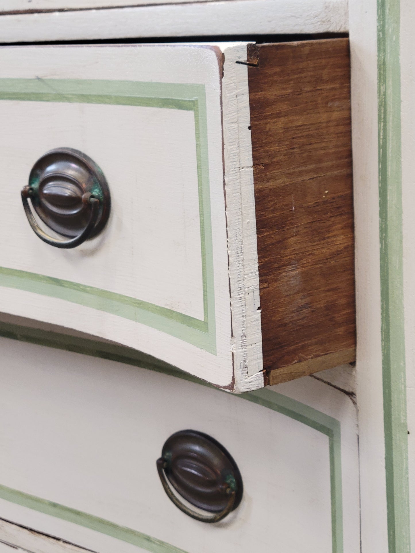 Antique Serpentine Front Dresser Painted White With Green French Line Motif