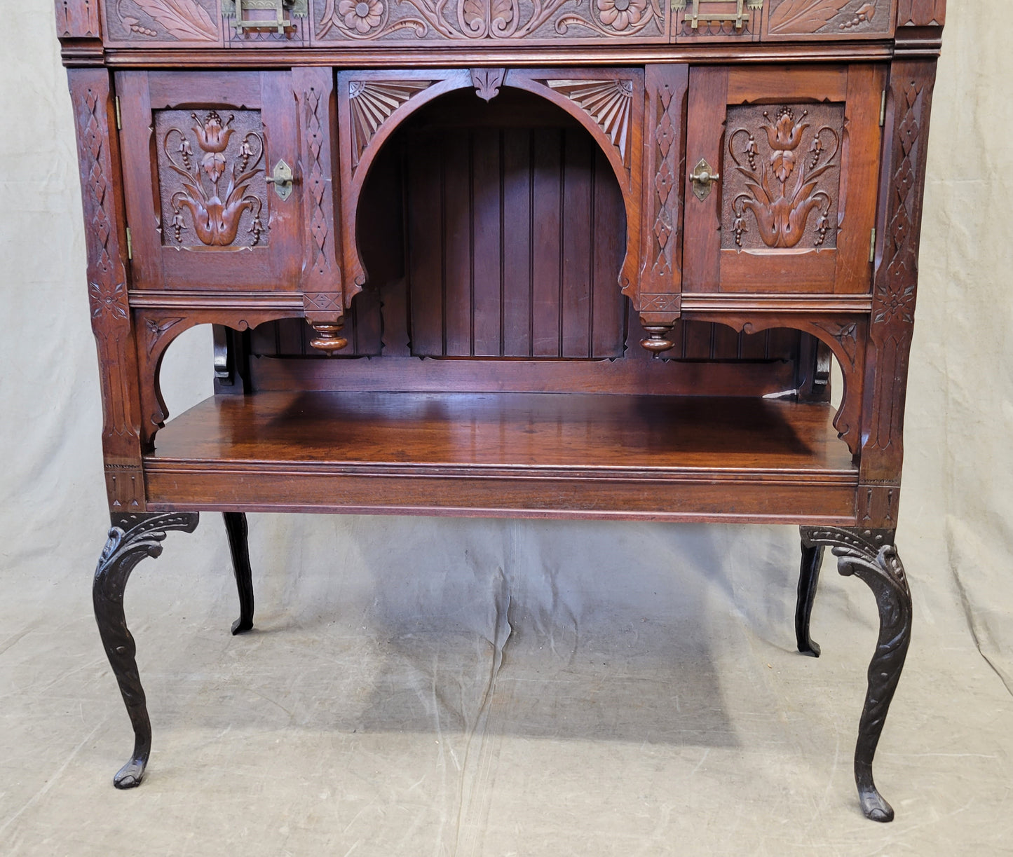 Antique English Aesthetic Movement Walnut, Marble and Minton Tile Sideboard