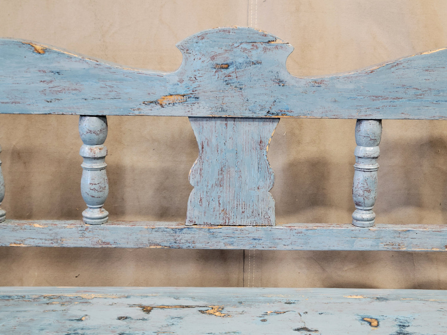 Antique Pine Hungarian Storage Bench With Old Blue Paint