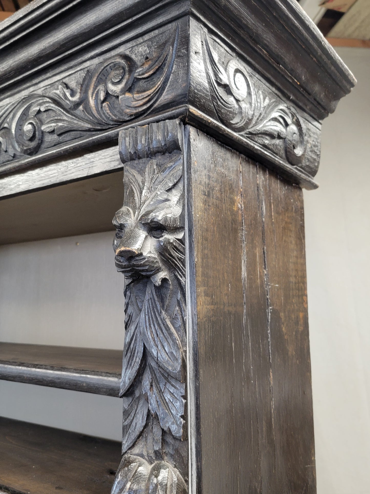 Vintage European Ebonized and Carved Oak Adjustable Shelf Bookcase