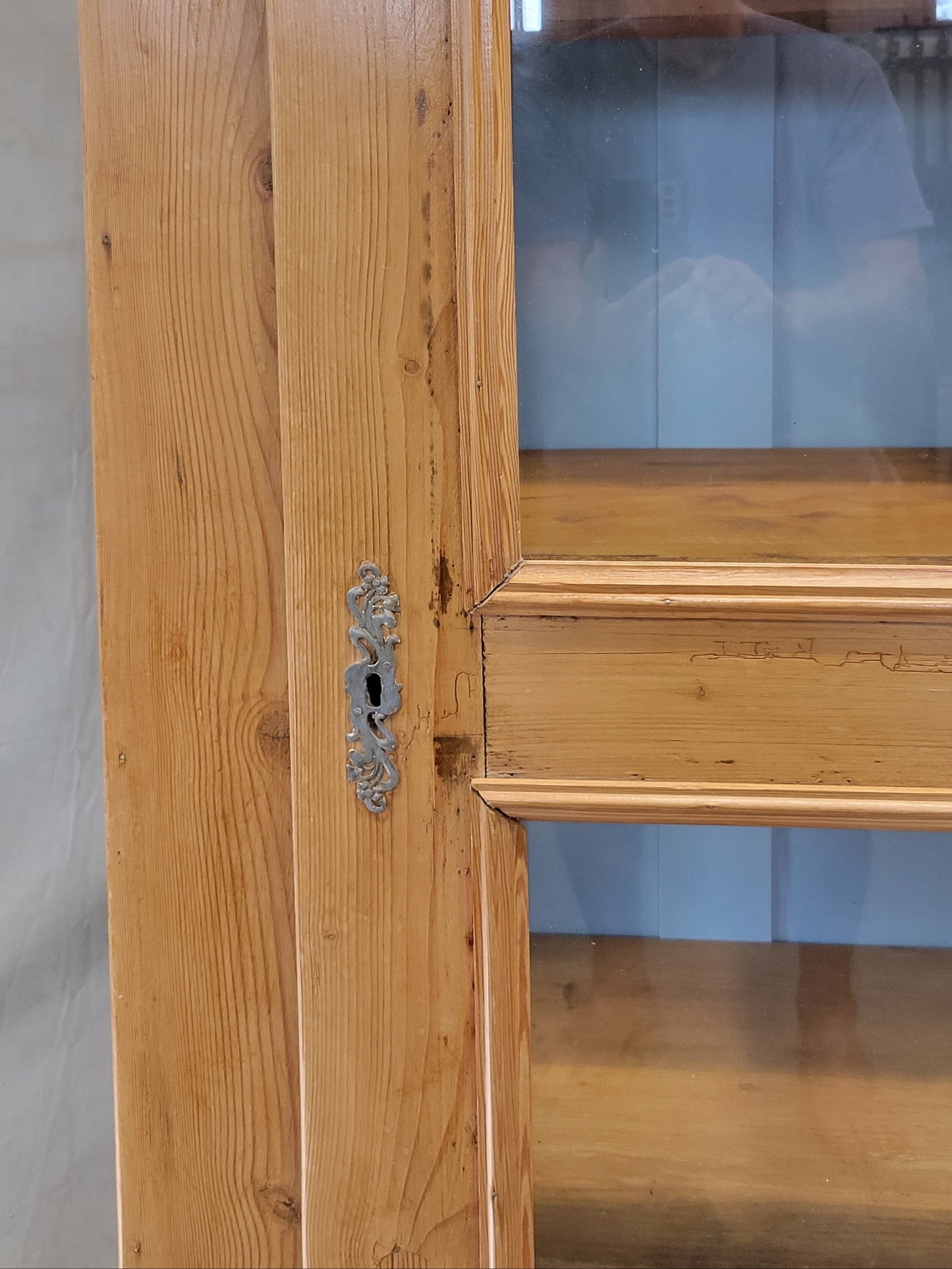 Antique German Pine Display Cabinet With Painted Blue Interior