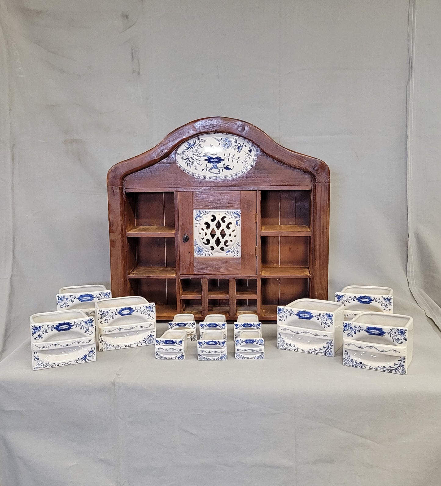 Vintage Dutch Spice Cabinet With 'Blue Onion' Ceramic Inserts