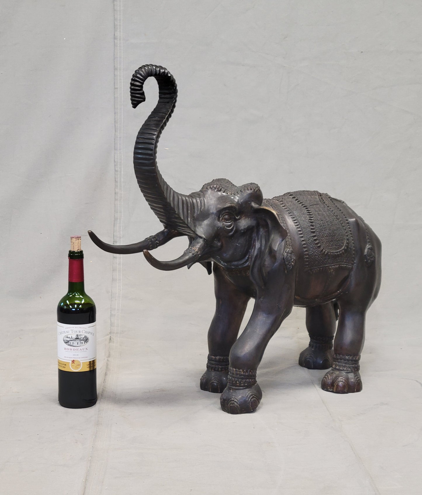 Vintage Large Patinated Brass or Bronze Asian Elephant Signed "La Puce"